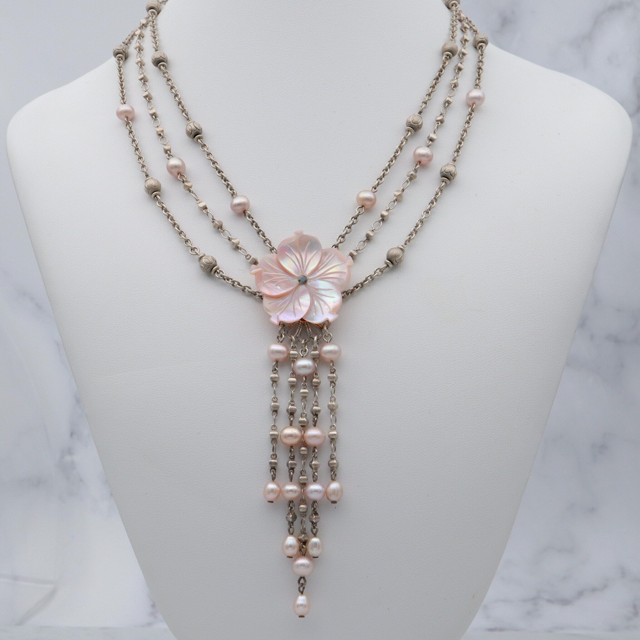 Retro Jacqueline Singh of Paris mother of pearl beaded silver plated 3 strand necklace