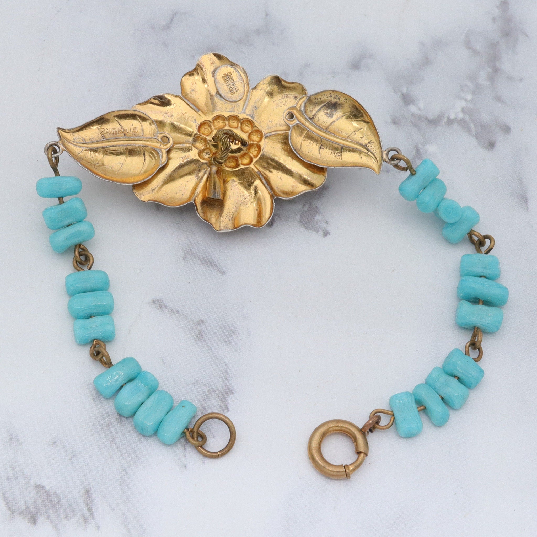 Antique rare J.A. Deknatel & Son Inc. gold washed sterling silver and faux turquoise beaded bracelet
