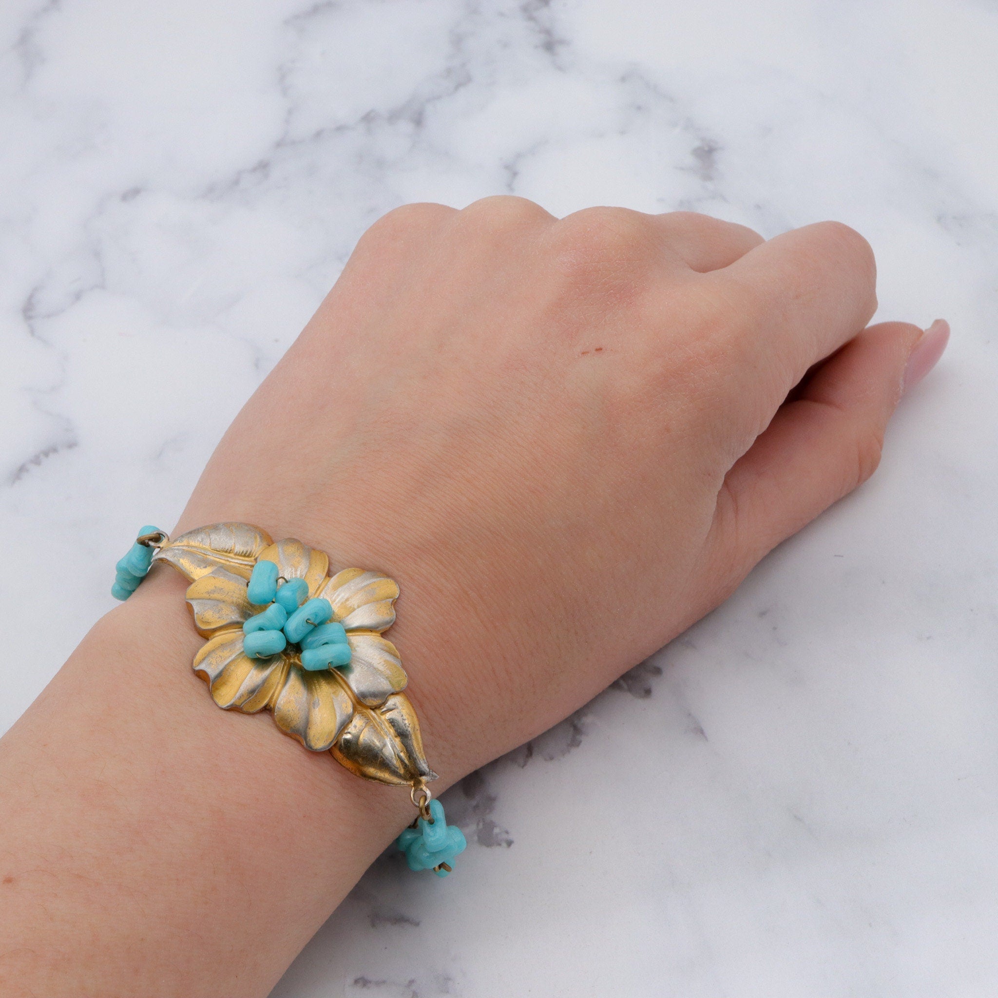 Antique rare J.A. Deknatel & Son Inc. gold washed sterling silver and faux turquoise beaded bracelet