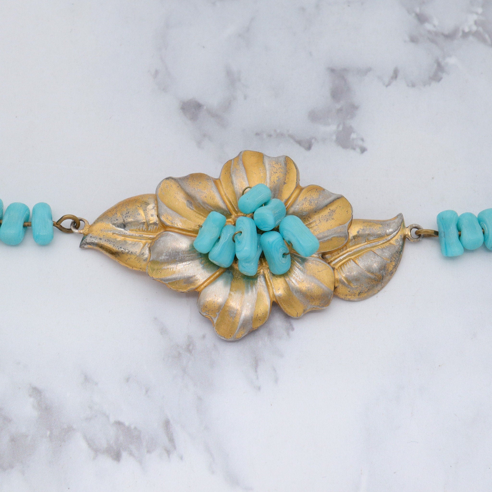 Antique rare J.A. Deknatel & Son Inc. gold washed sterling silver and faux turquoise beaded bracelet