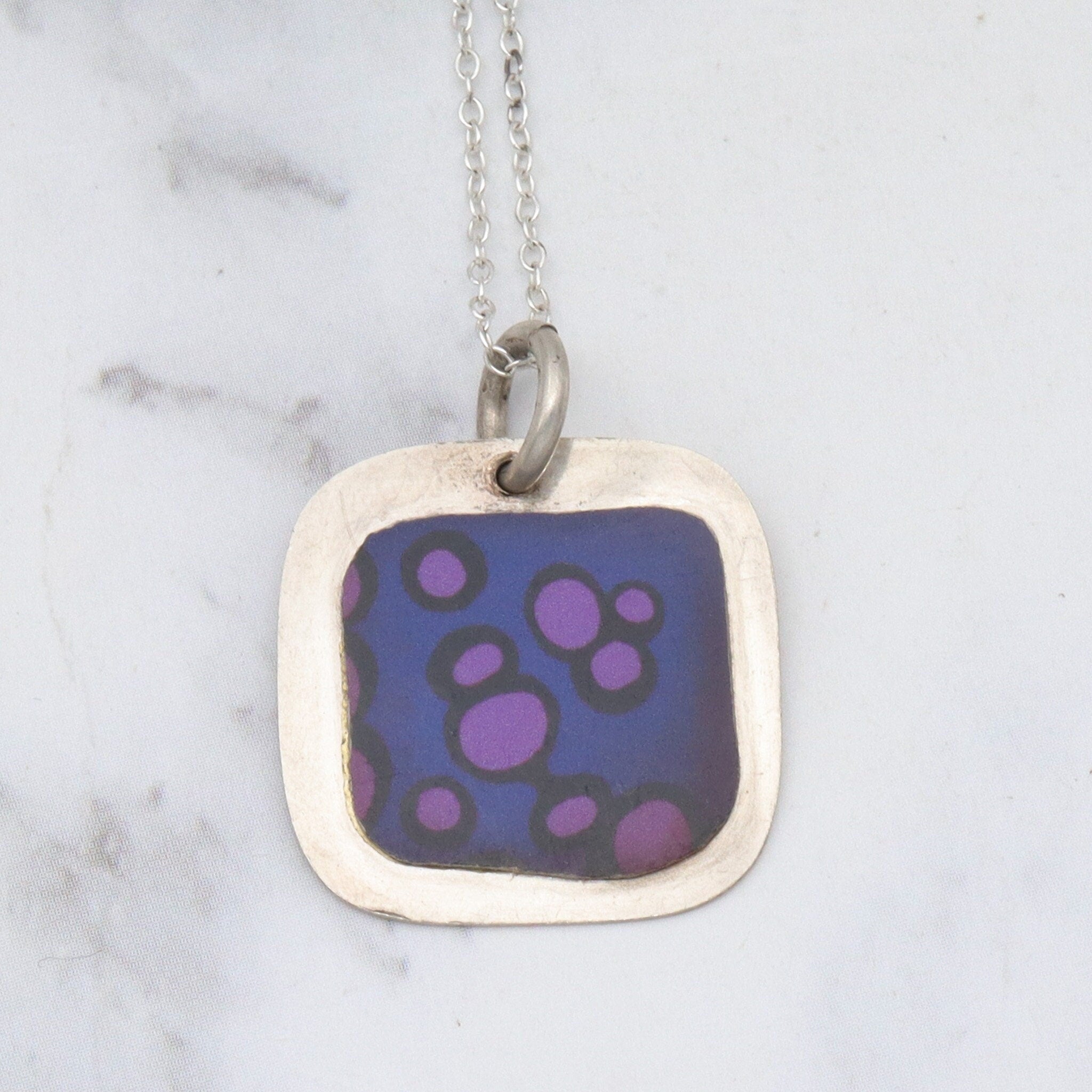 Vintage handmade 90’s sterling enamel tile pendant necklace