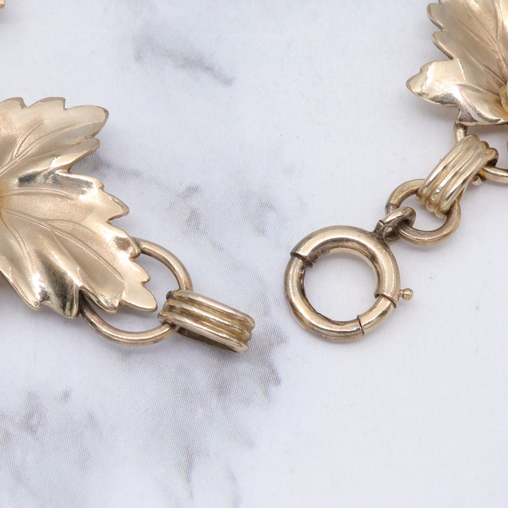 Retro 12k gold filled maple leaf link bracelet with genuine pearls