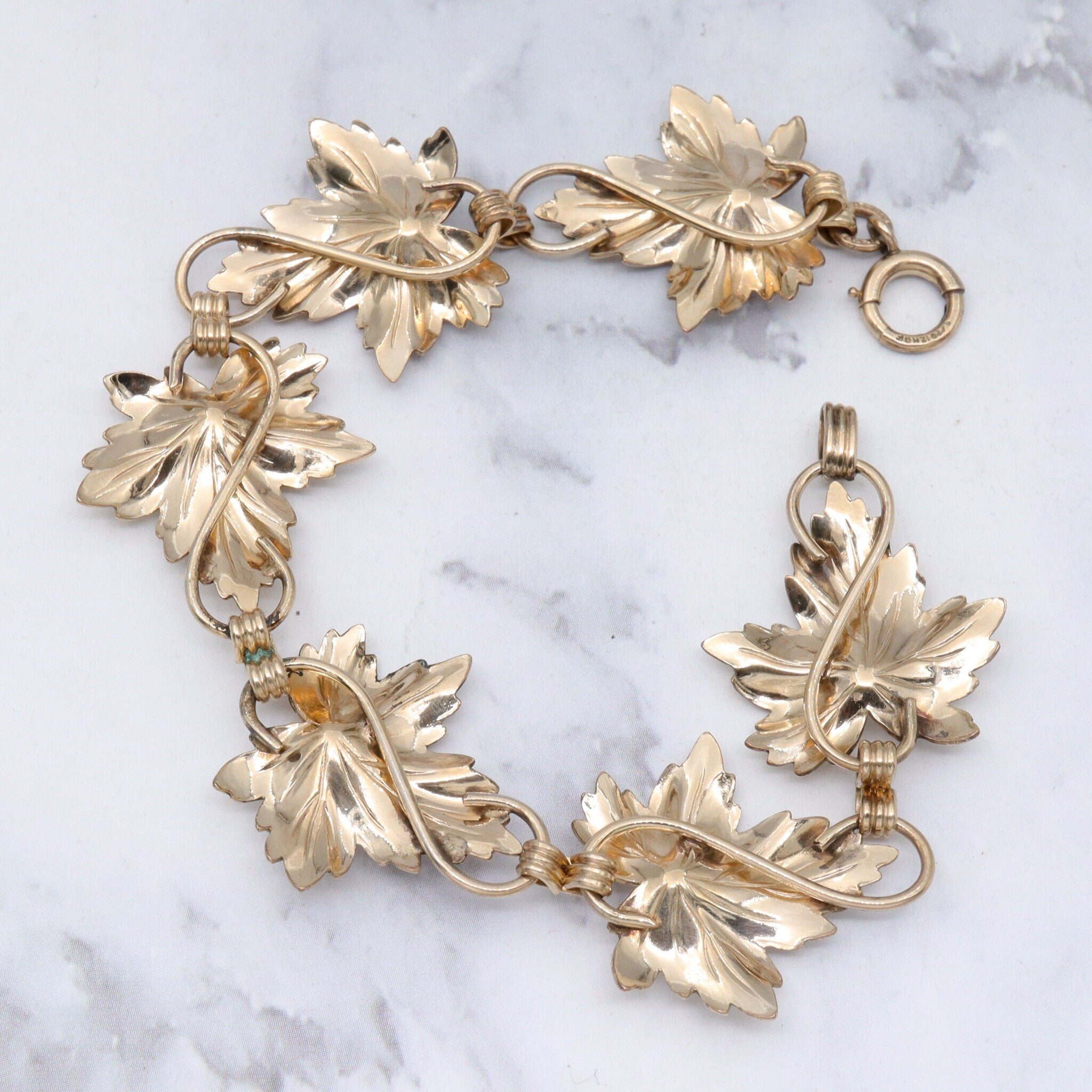 Retro 12k gold filled maple leaf link bracelet with genuine pearls