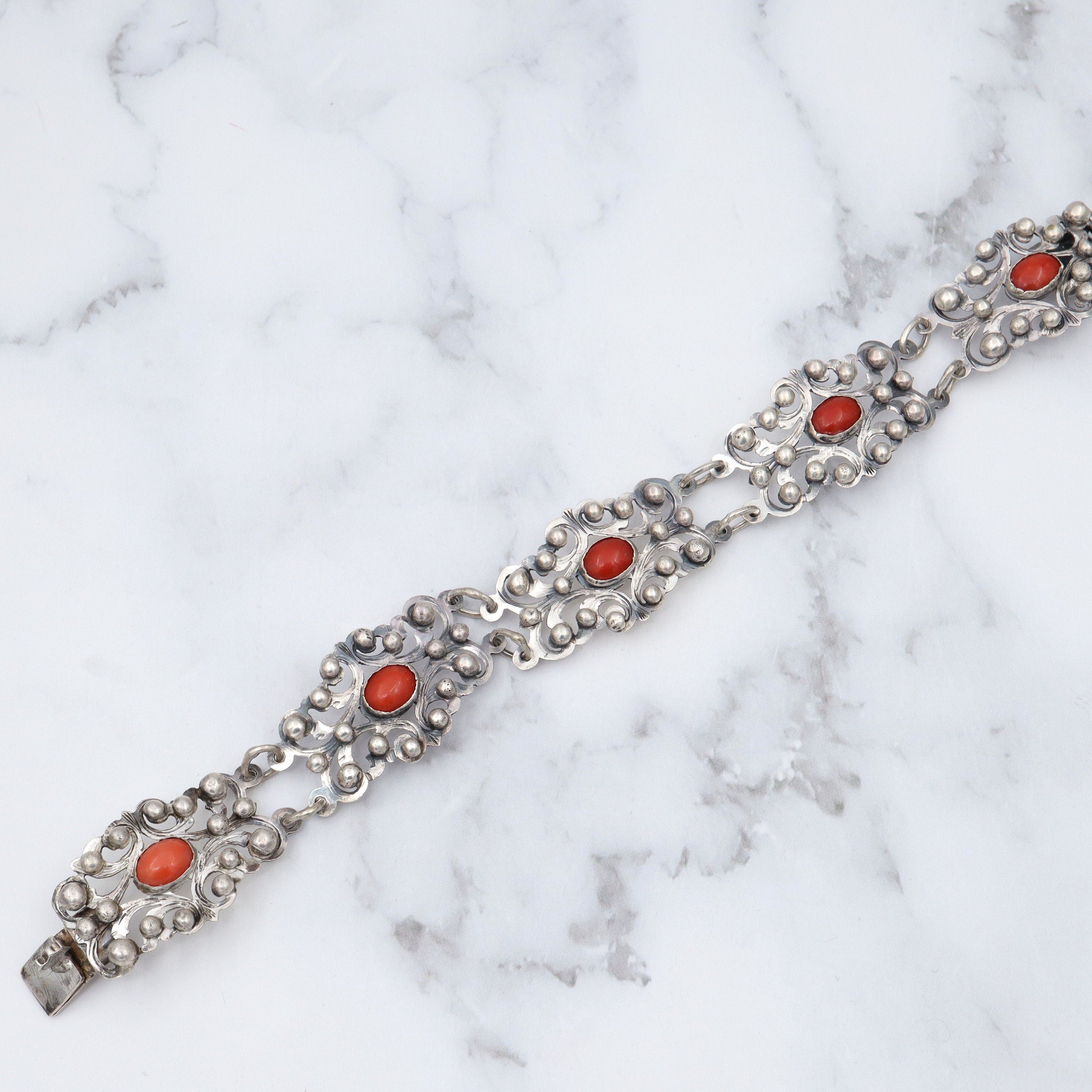 Antique Renaissance Revival .800 silver & coral bracelet
