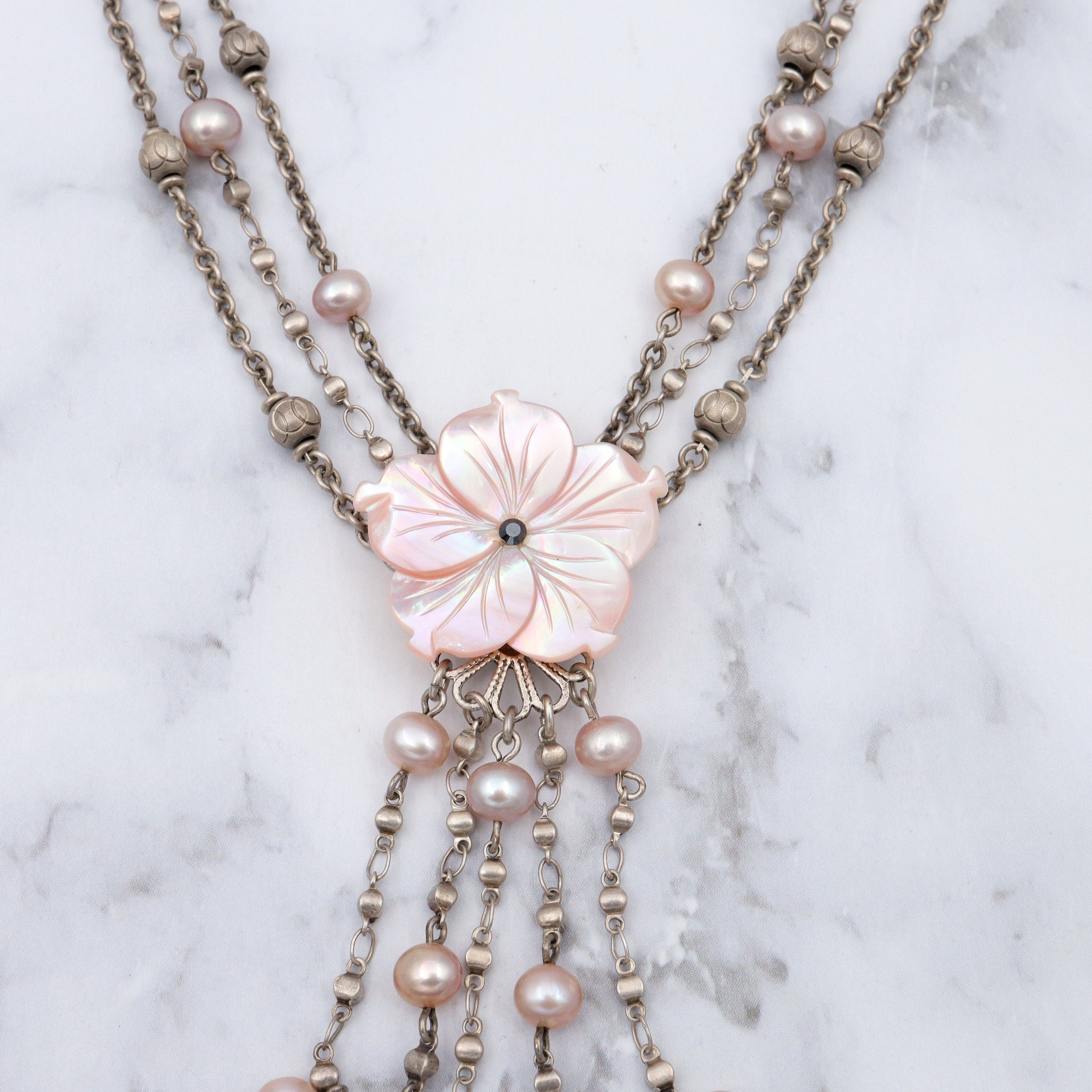 Retro Jacqueline Singh of Paris mother of pearl beaded silver plated 3 strand necklace
