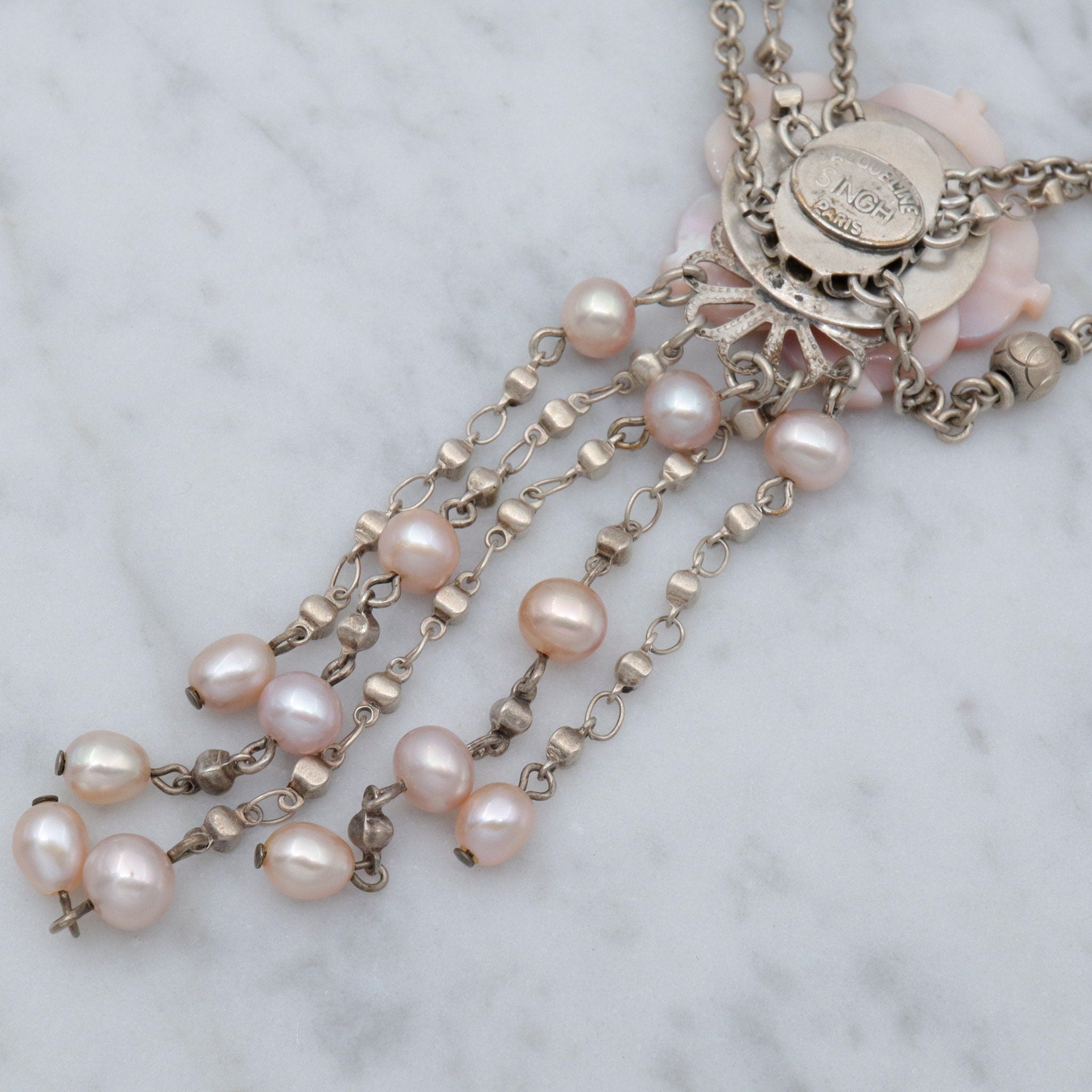 Retro Jacqueline Singh of Paris mother of pearl beaded silver plated 3 strand necklace