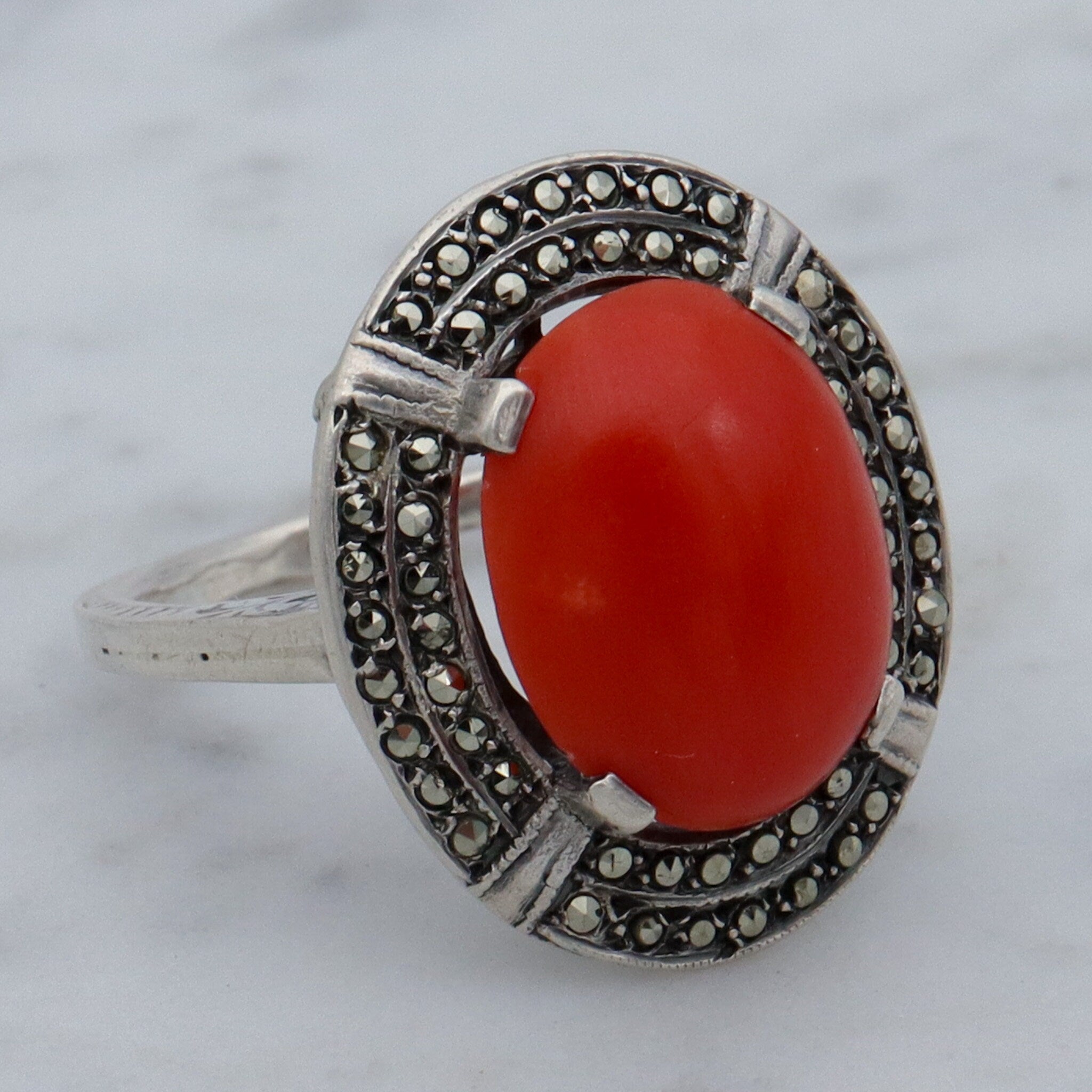 German Art Deco .800 silver, coral & marcasite ring, sz 7.5