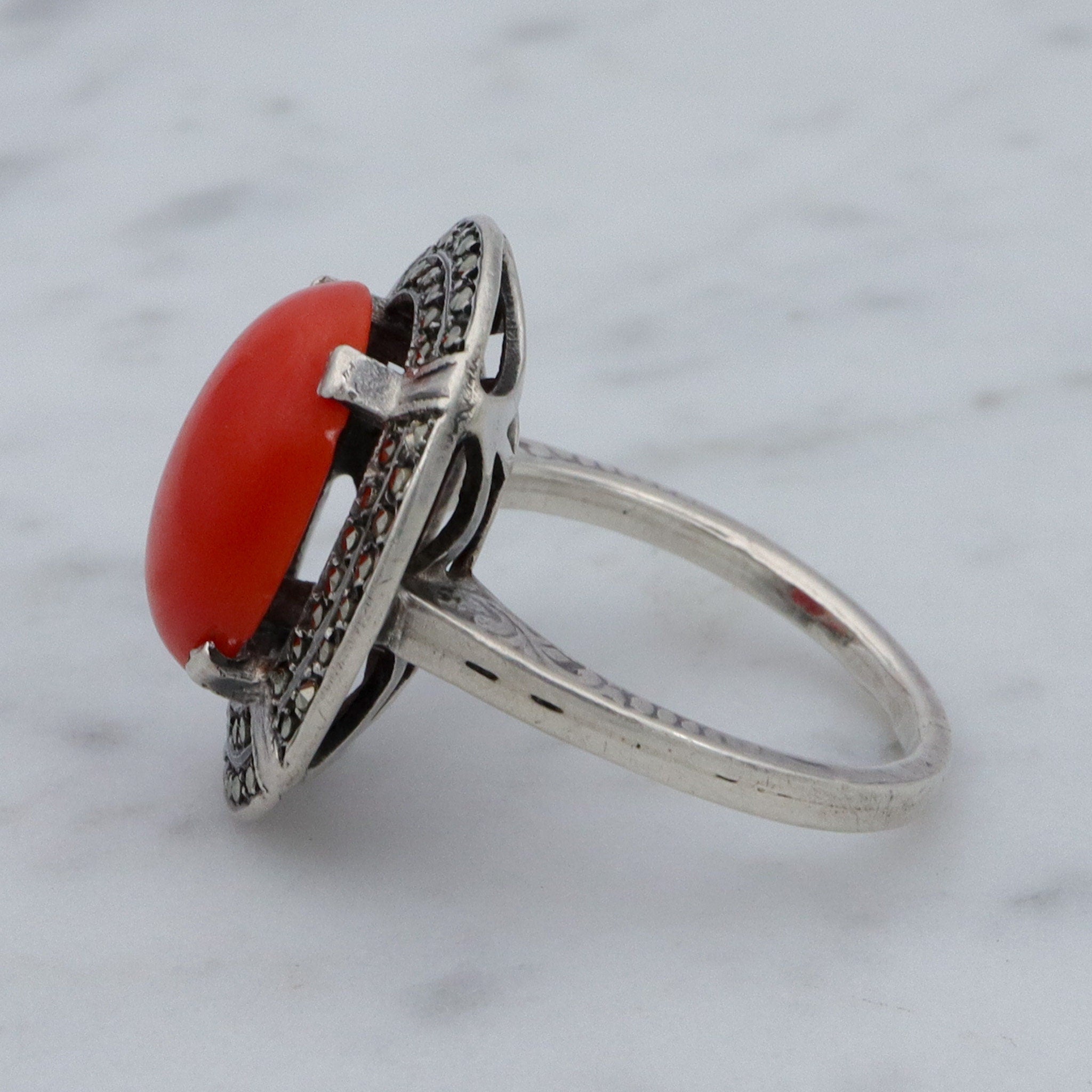 German Art Deco .800 silver, coral & marcasite ring, sz 7.5