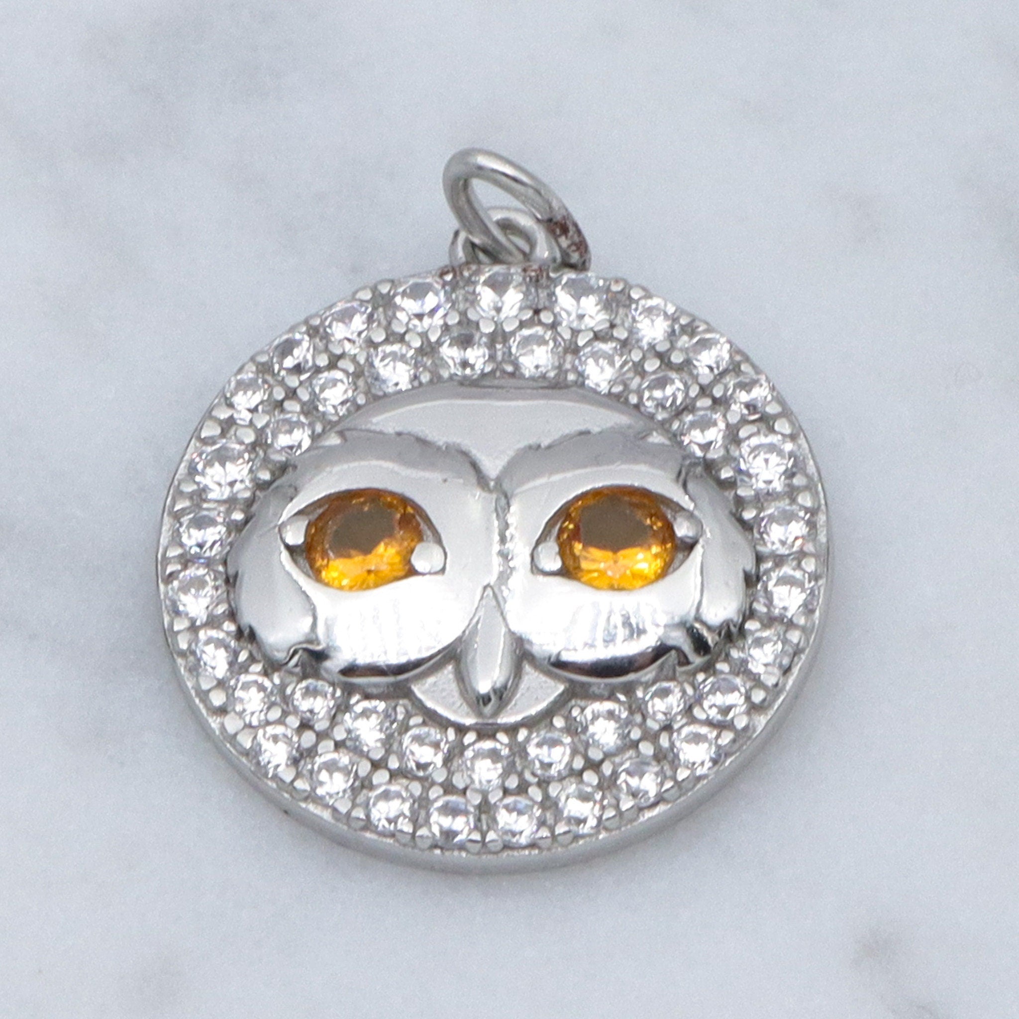 Vintage sterling, citrine glass and cubic zirconia owl pendant