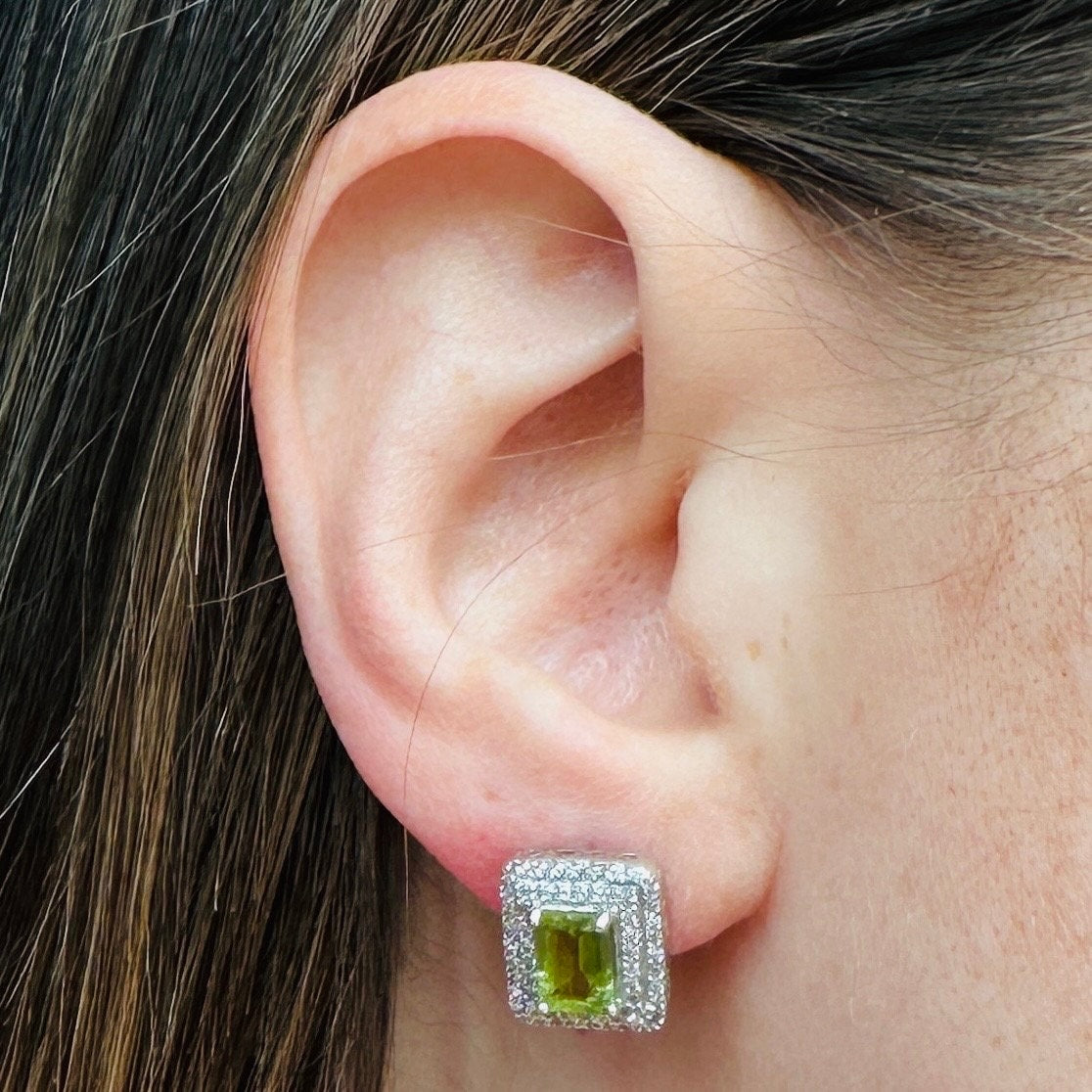 Vintage sterling, peridot and cubic zirconia block stud earrings