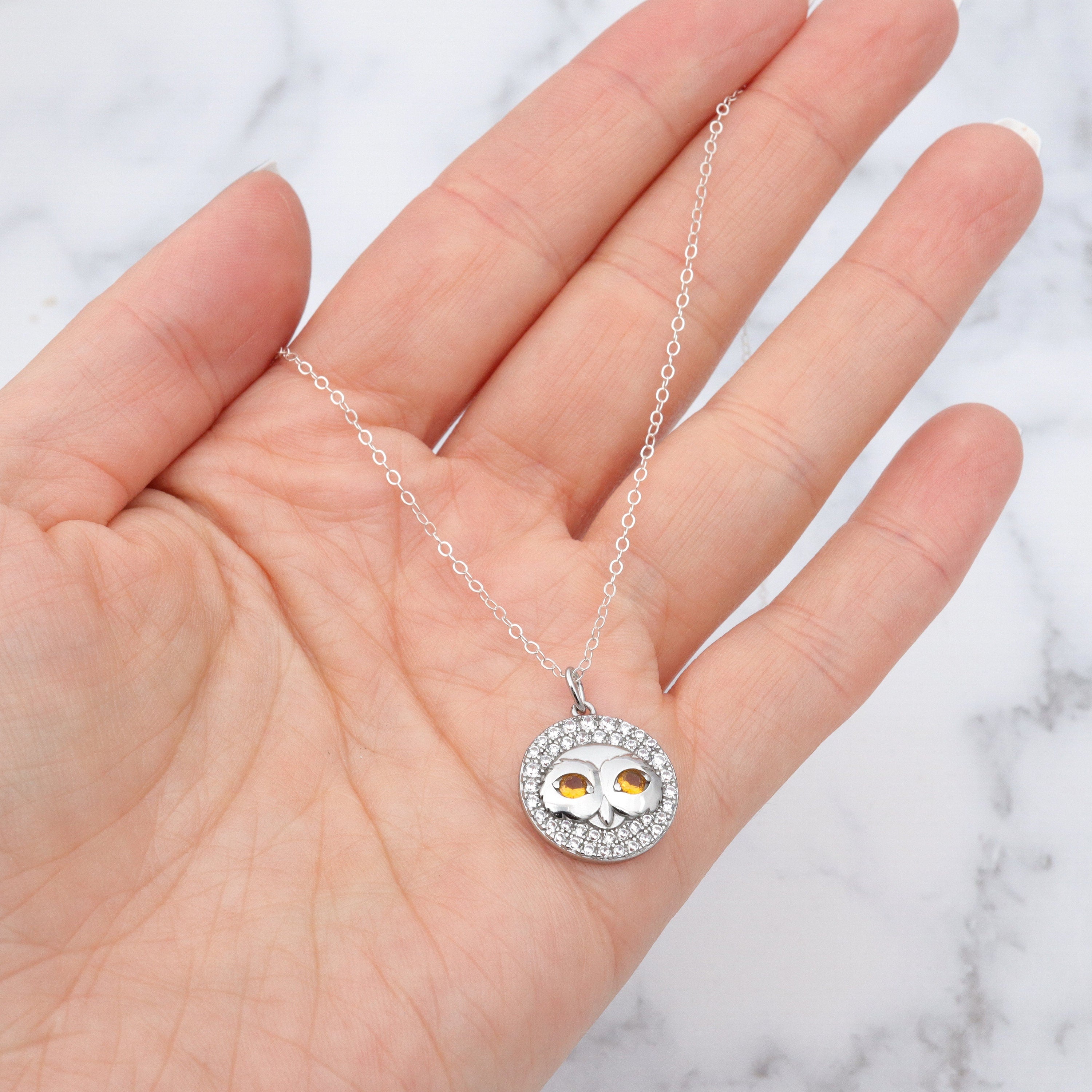 Vintage sterling, citrine glass and cubic zirconia owl pendant