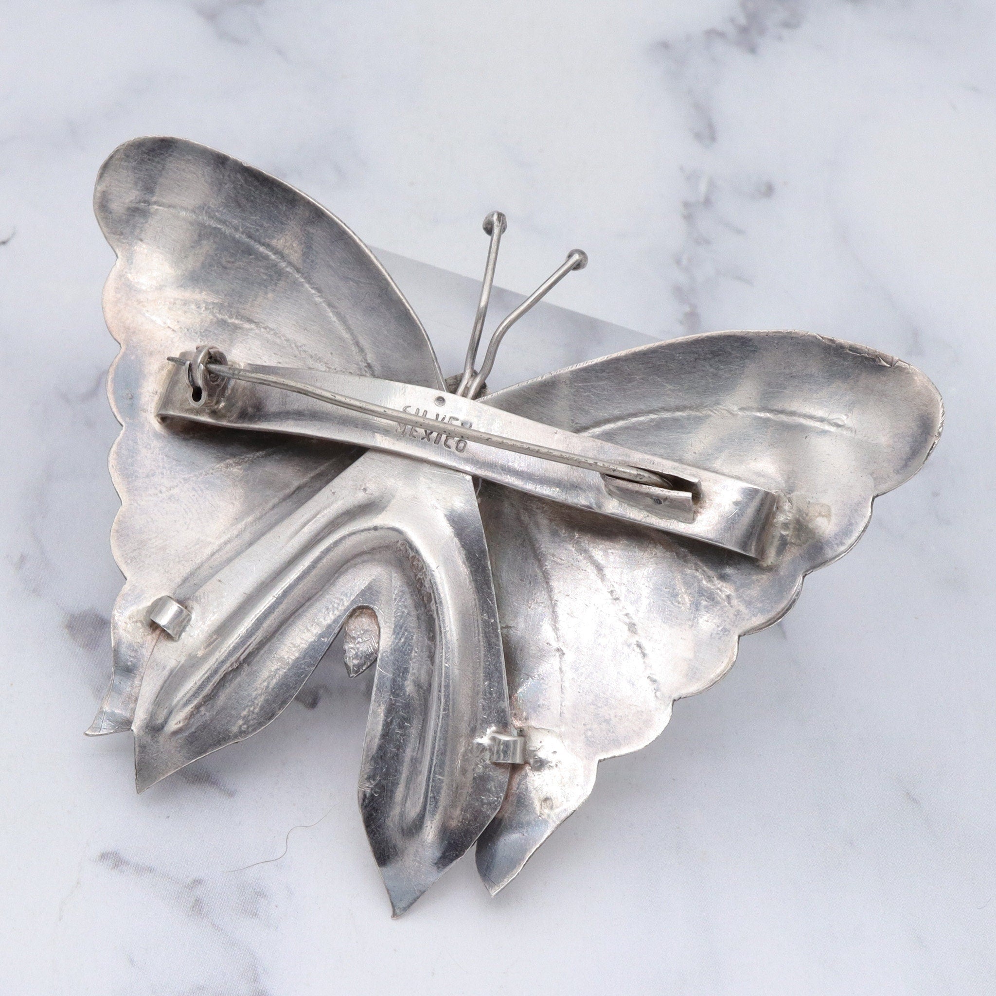 Huge Antique Mexican sterling & faux turquoise butterfly brooch