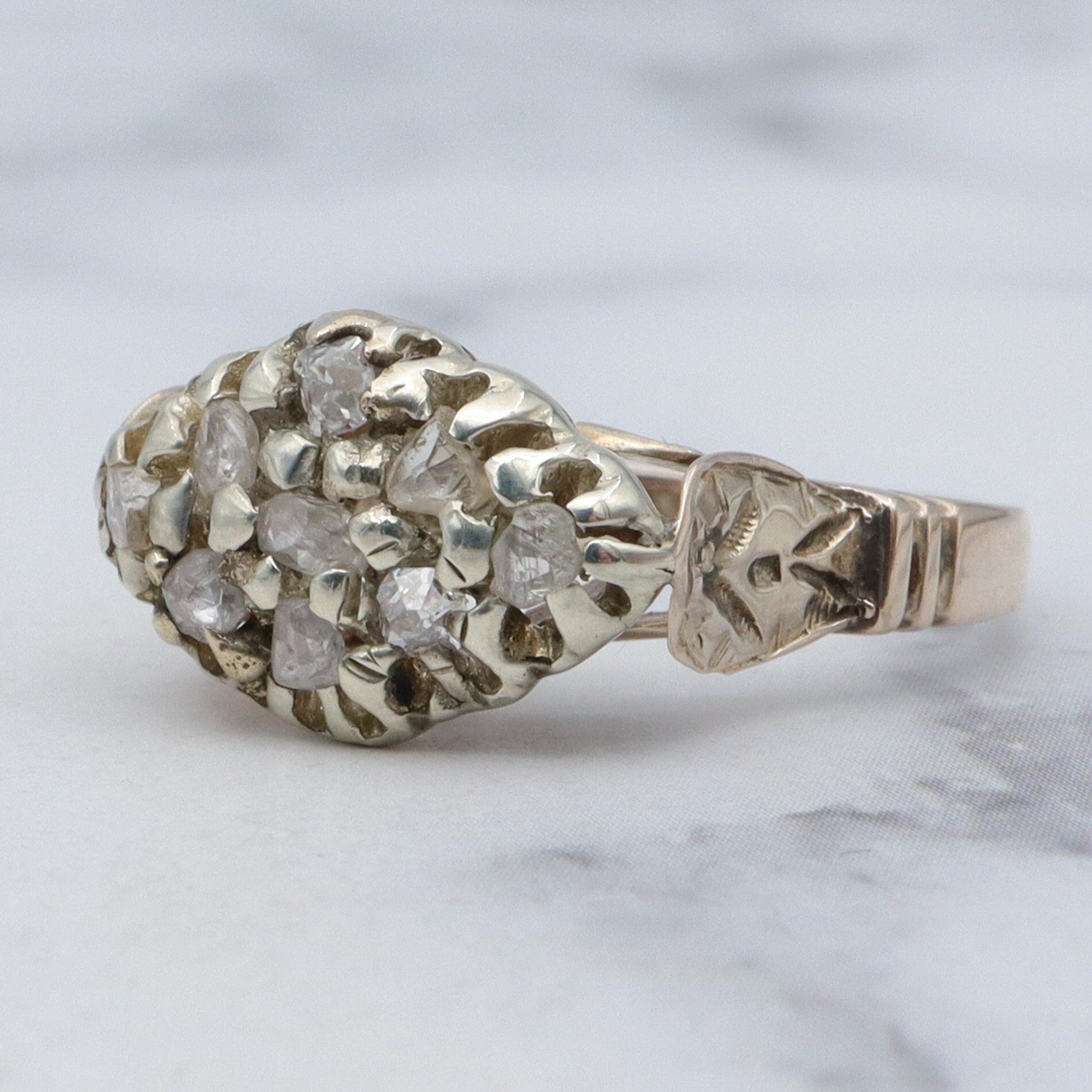 Antique Victorian white & yellow 10k gold rose cut diamond cluster ring, sz 5.75