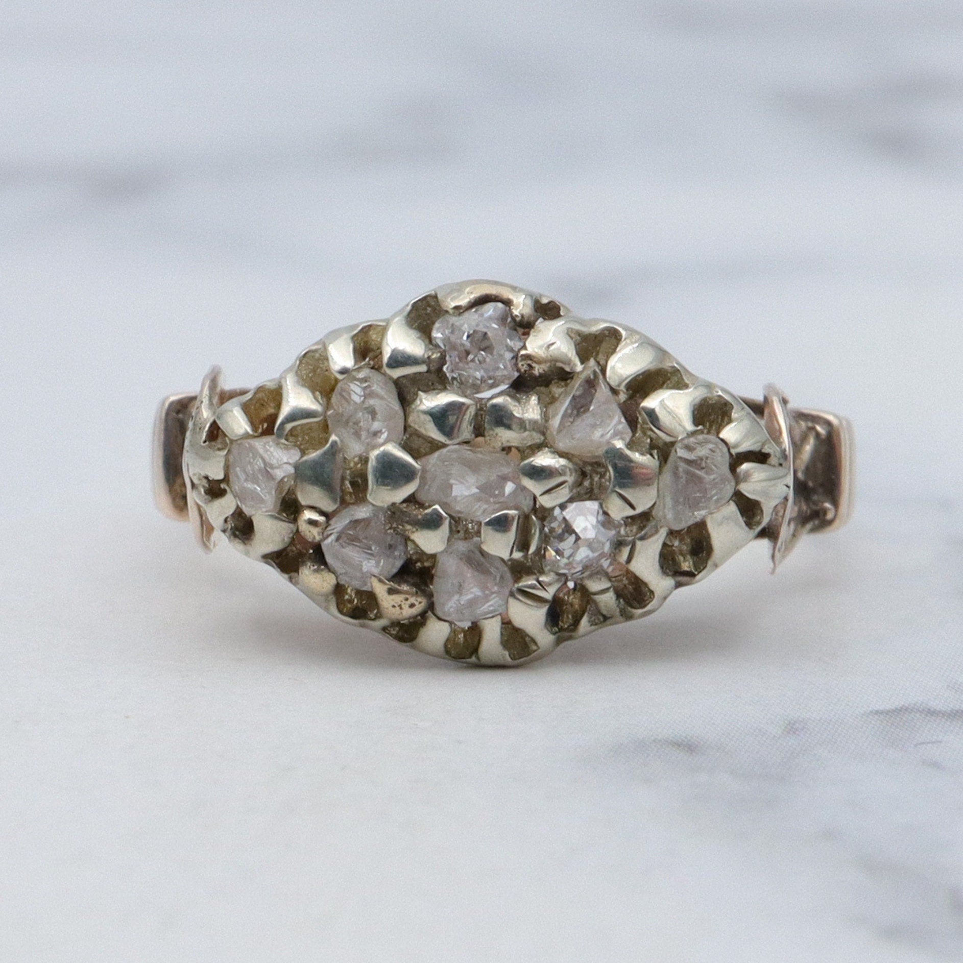 Antique Victorian white & yellow 10k gold rose cut diamond cluster ring, sz 5.75