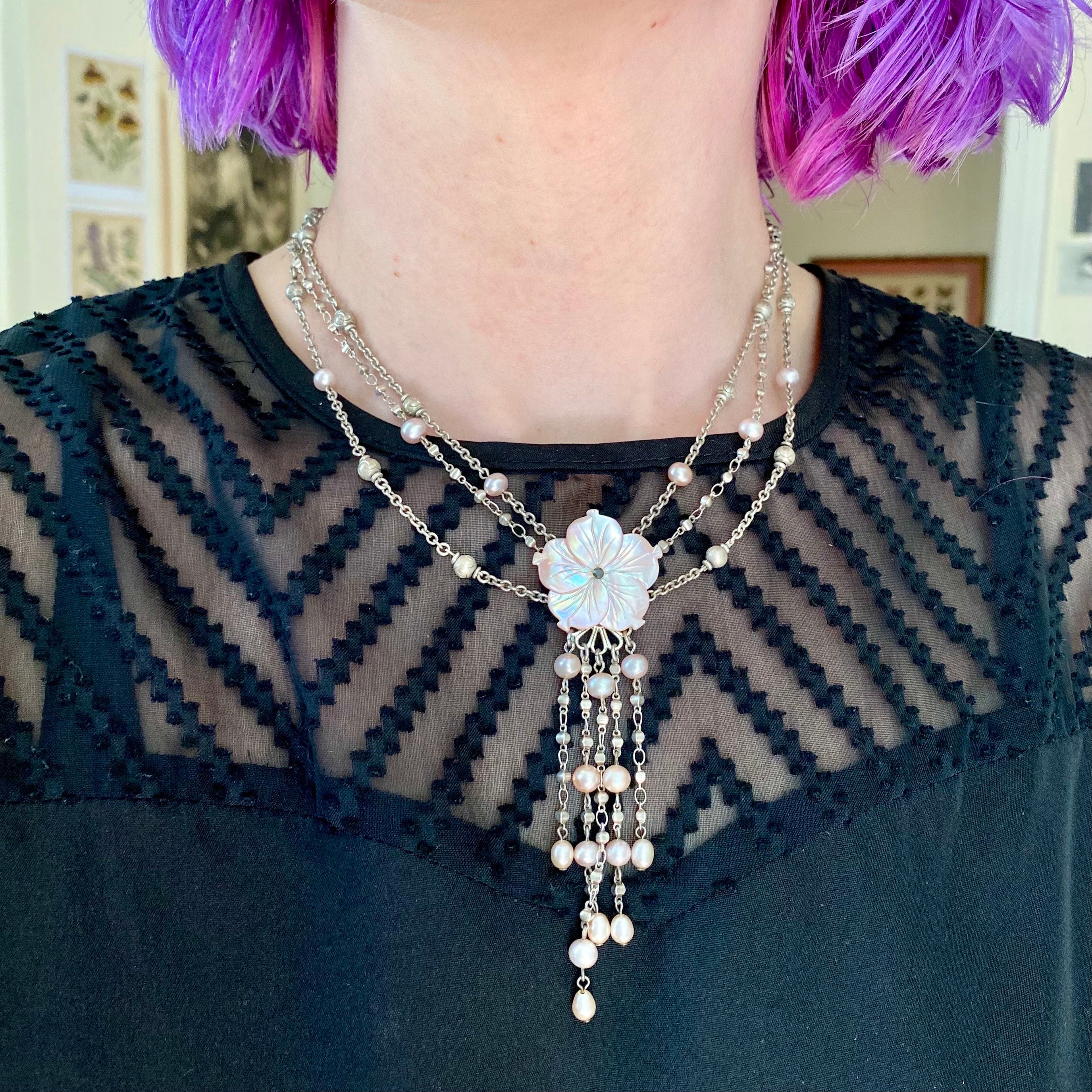 Retro Jacqueline Singh of Paris mother of pearl beaded silver plated 3 strand necklace