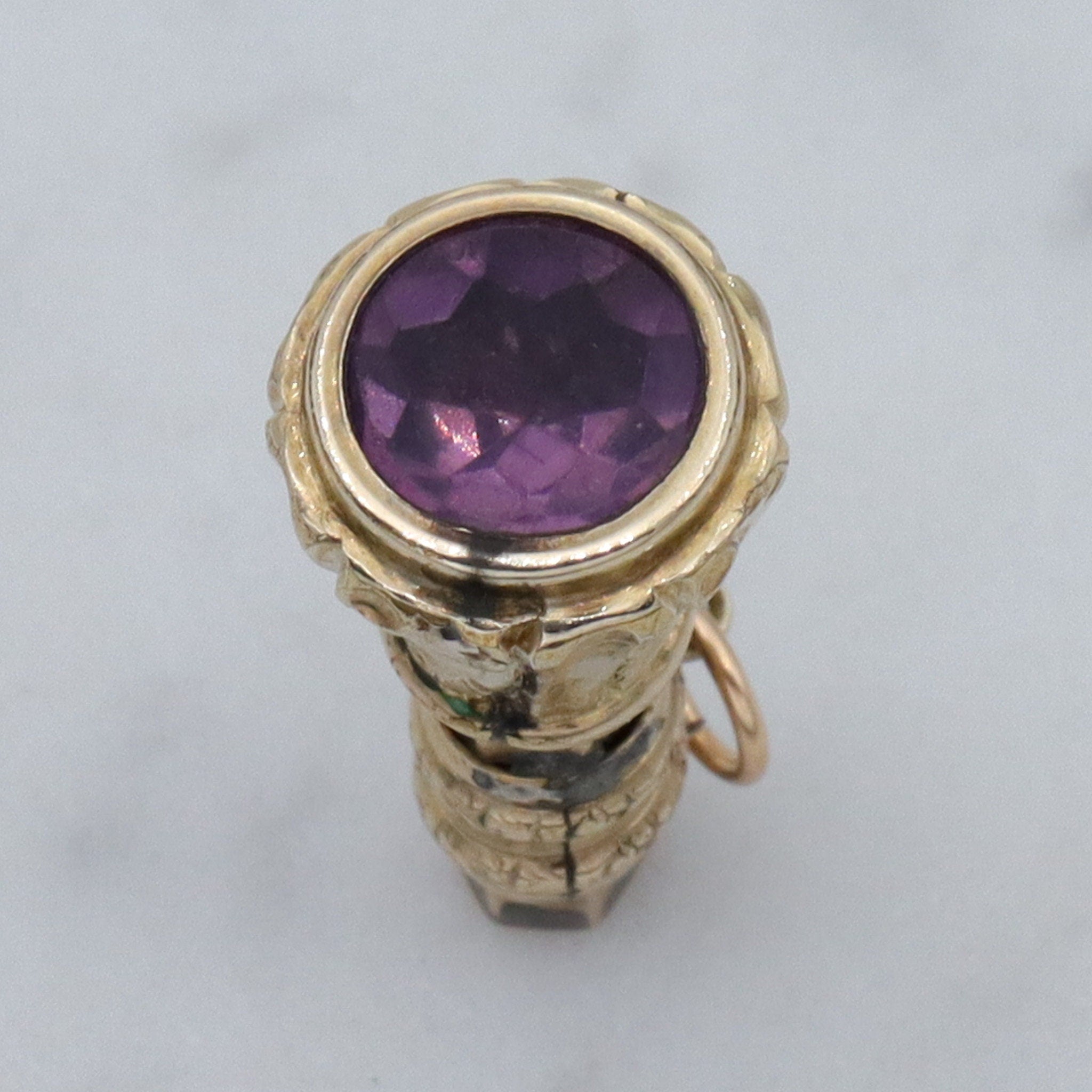 Antique Victorian repousse rolled gold & faux amethyst fob pendant