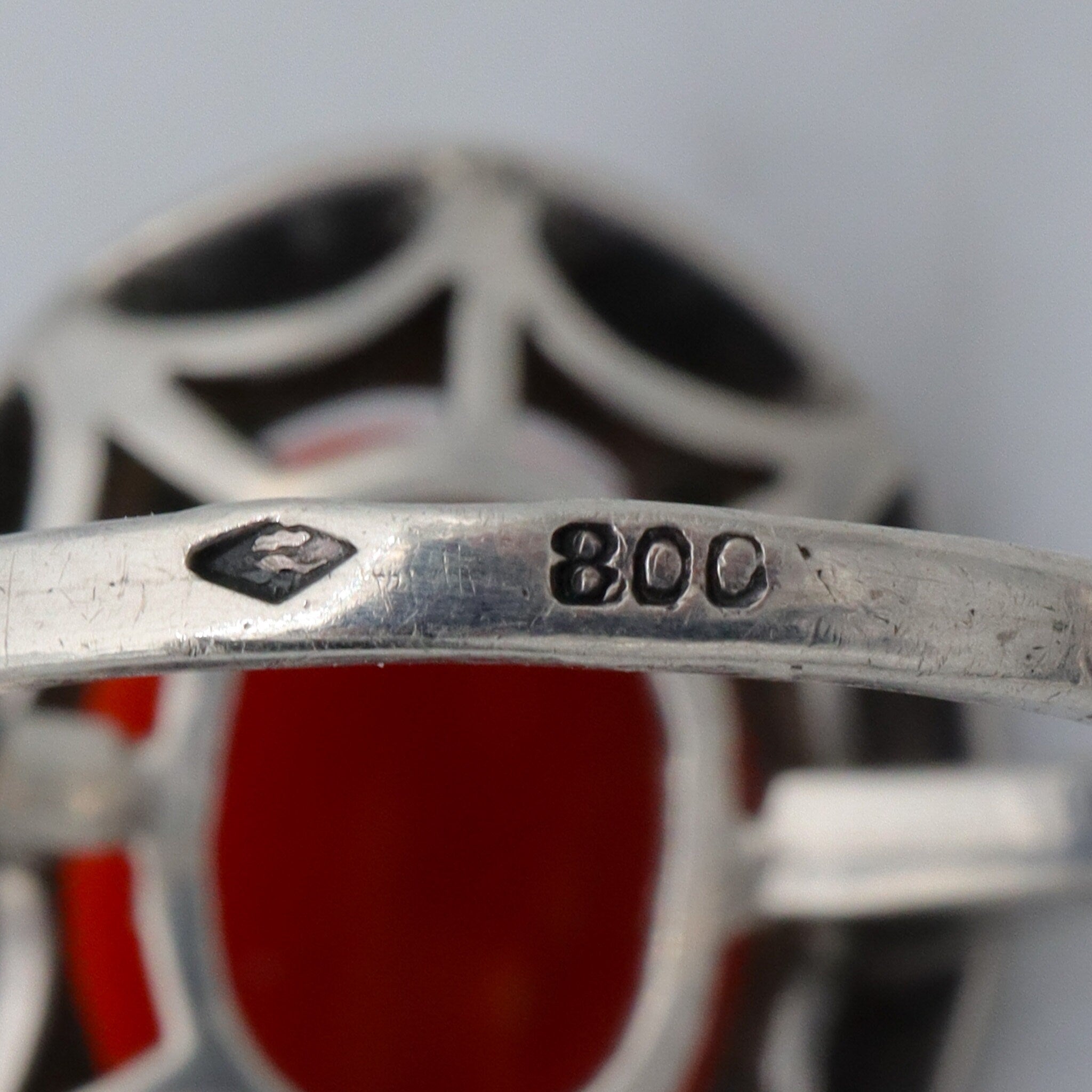 German Art Deco .800 silver, coral & marcasite ring, sz 7.5
