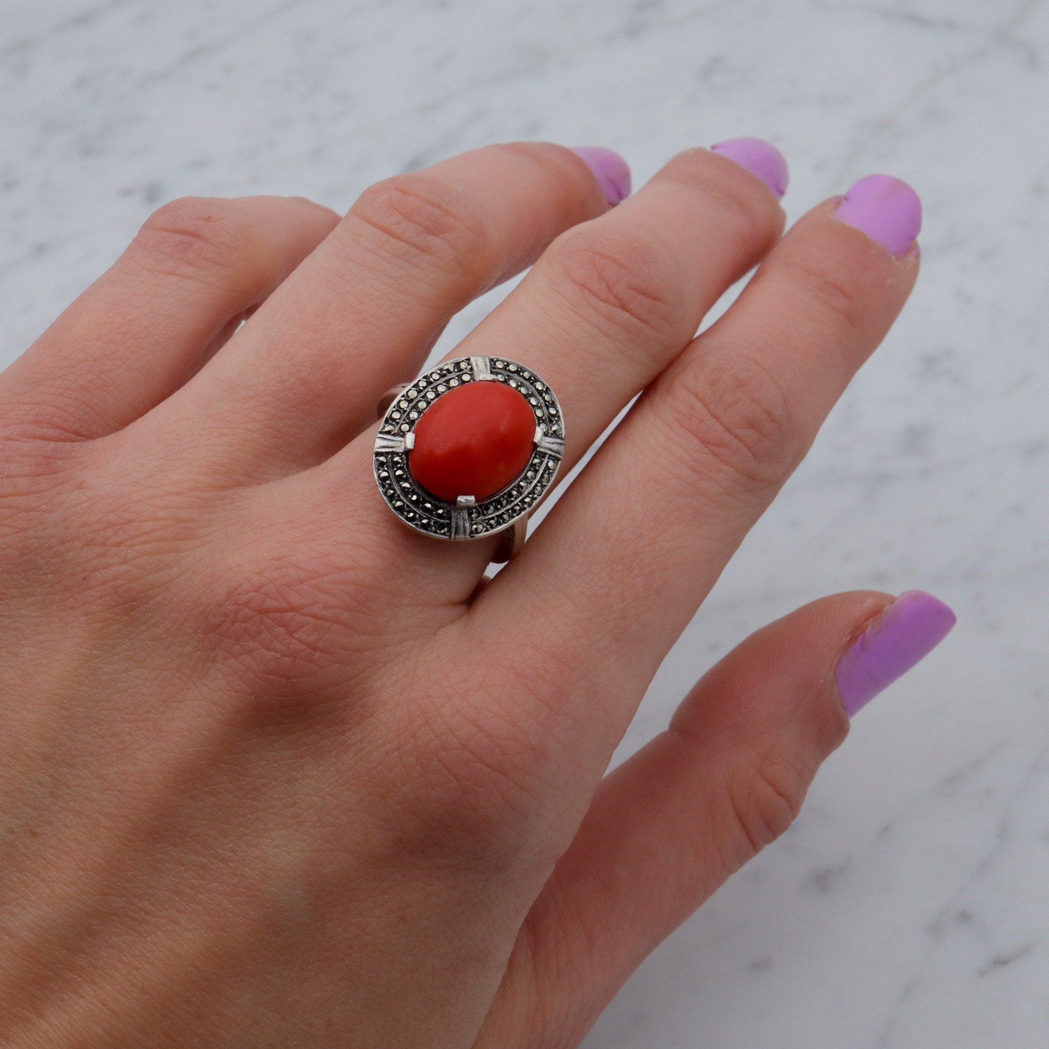 German Art Deco .800 silver, coral & marcasite ring, sz 7.5