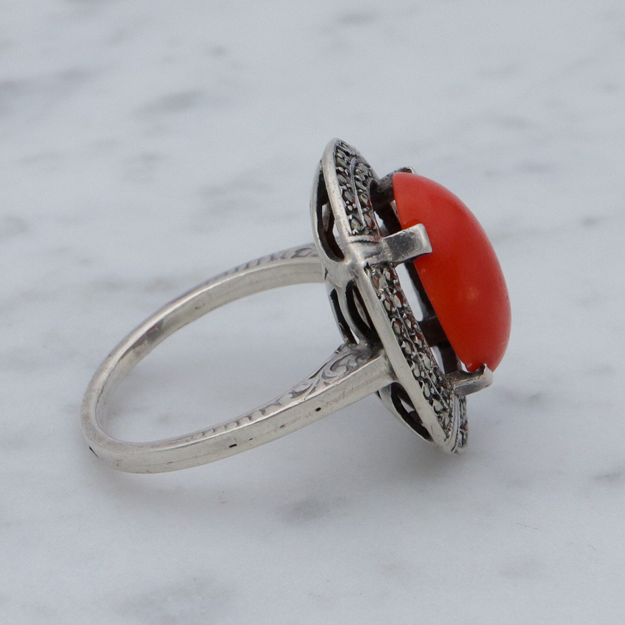 German Art Deco .800 silver, coral & marcasite ring, sz 7.5