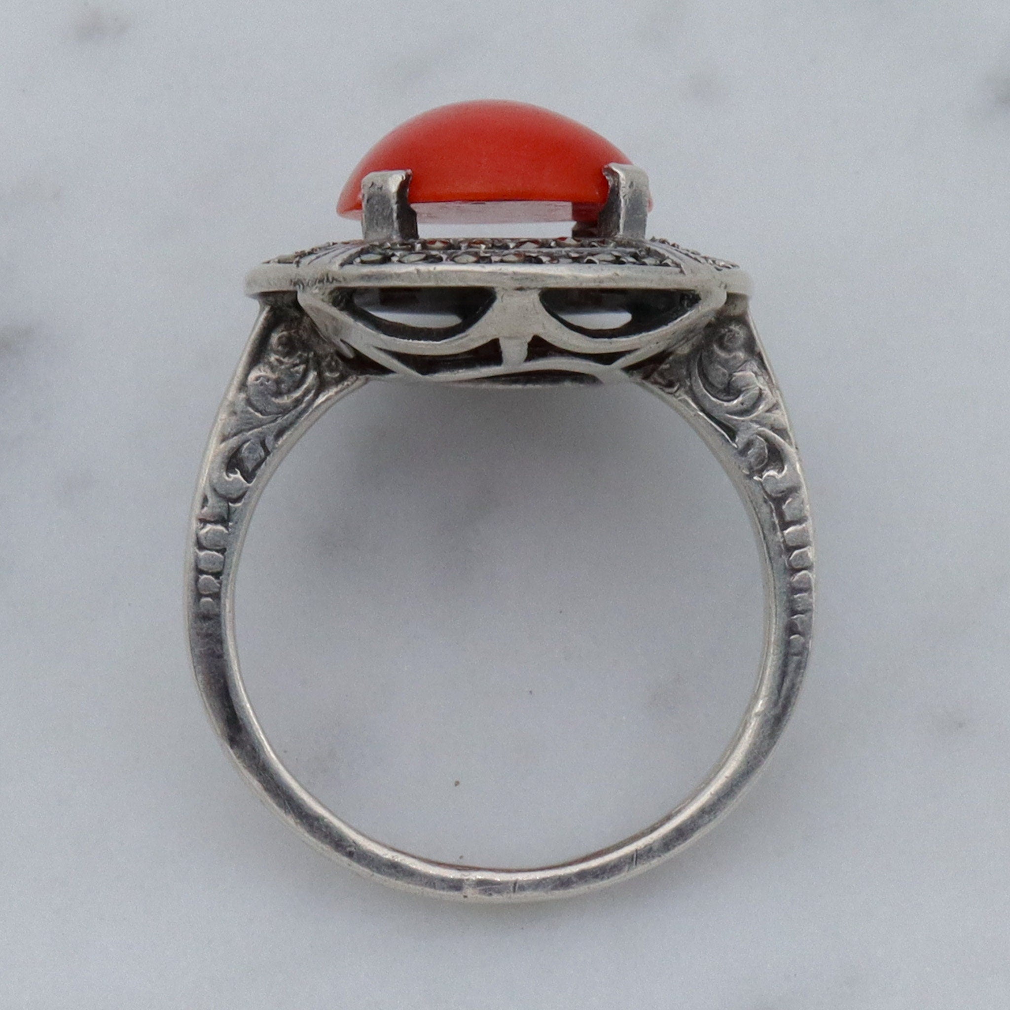 German Art Deco .800 silver, coral & marcasite ring, sz 7.5
