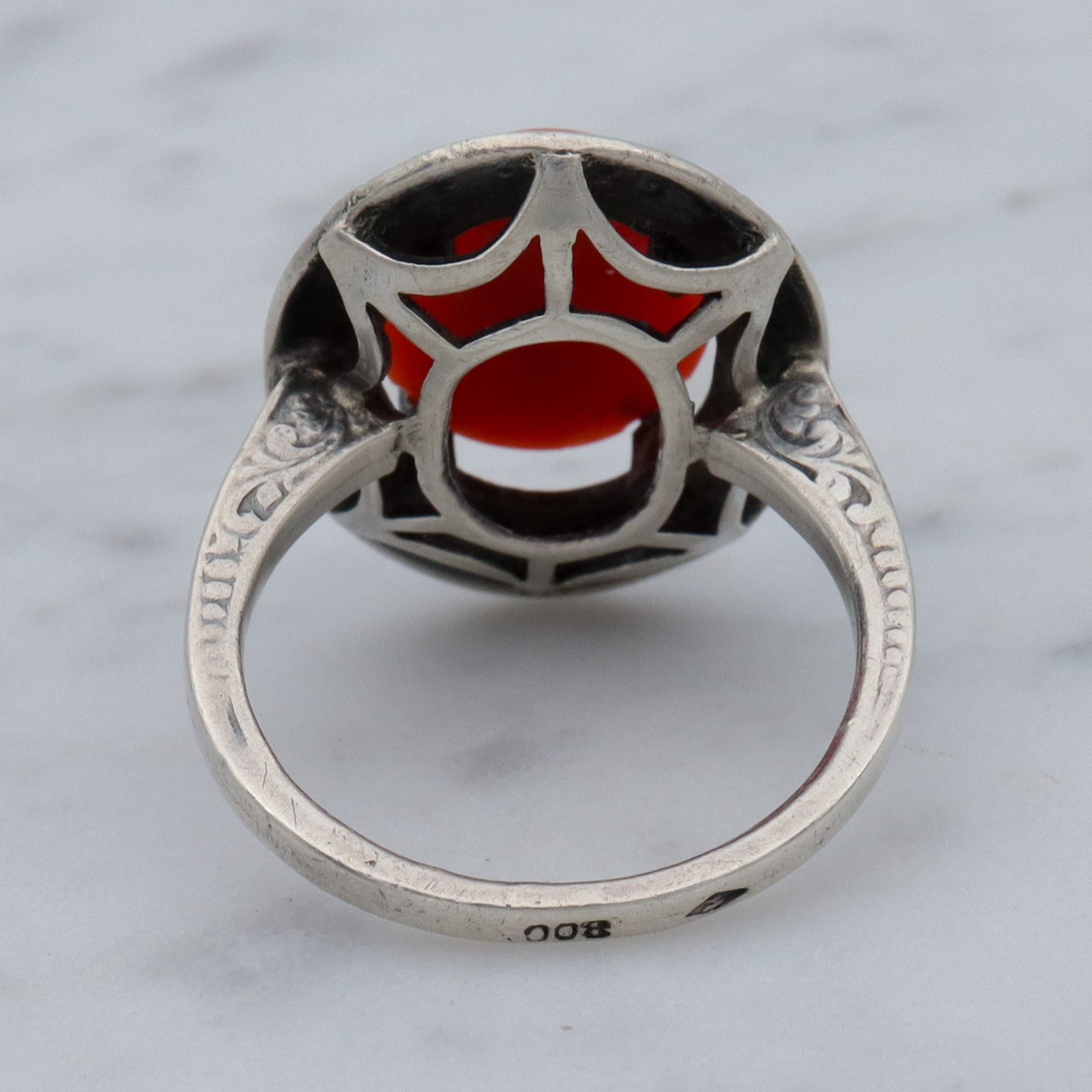 German Art Deco .800 silver, coral & marcasite ring, sz 7.5