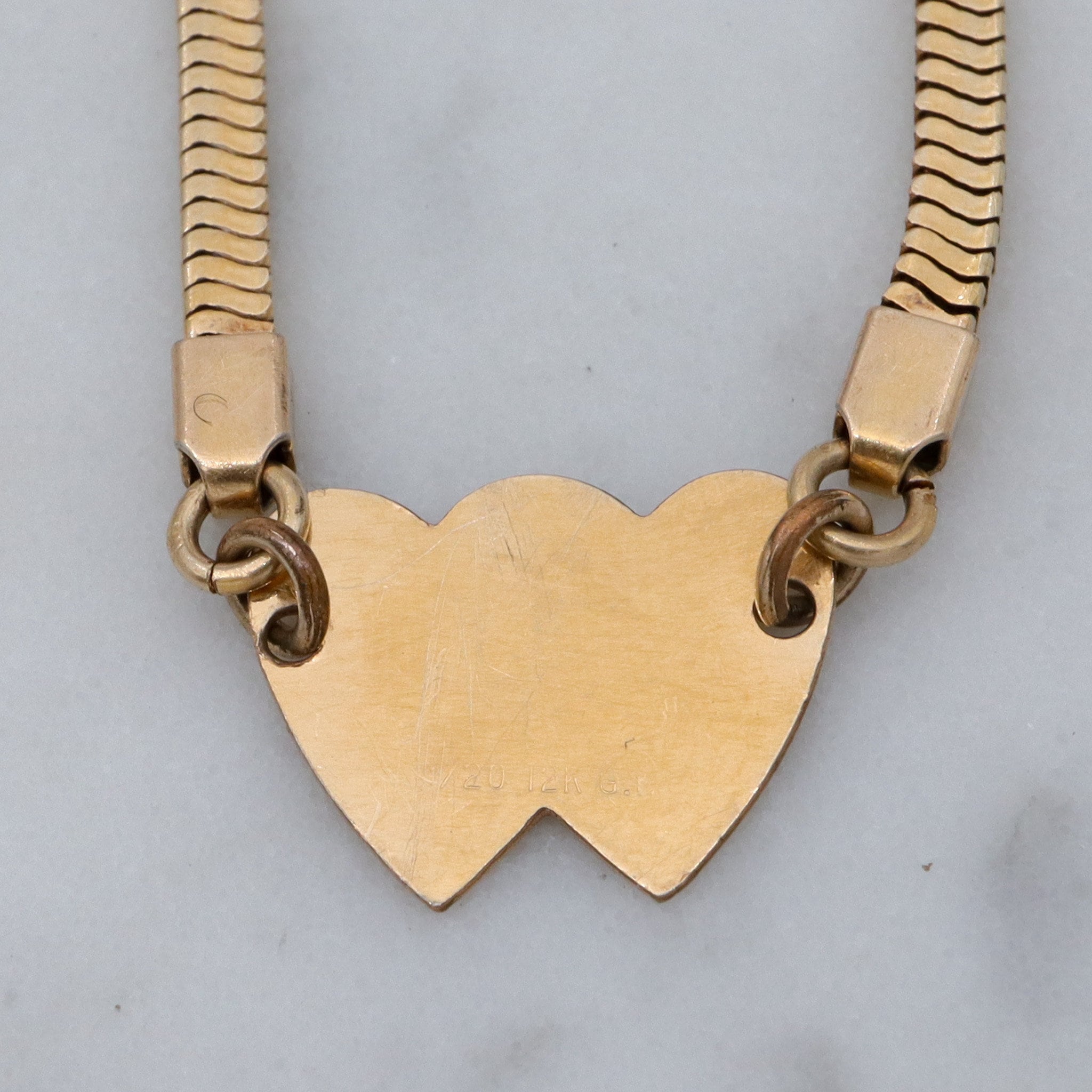 Mid Century gold filled child’s bracelet with double heart name plaque