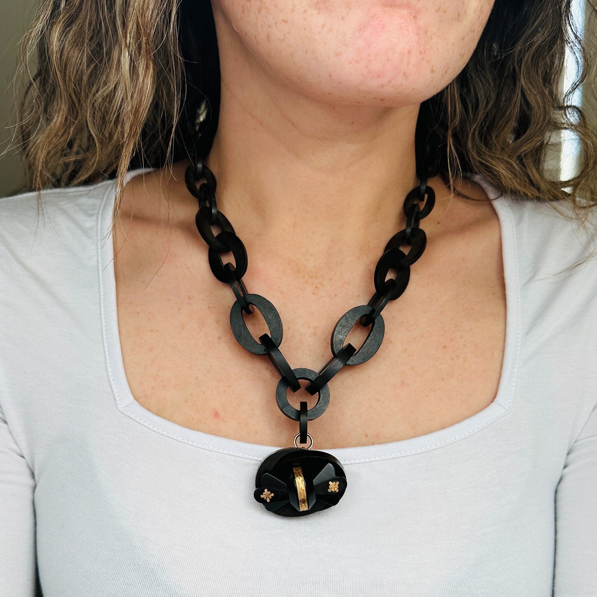 Antique Victorian Vulcanite large link chain with gold overlay