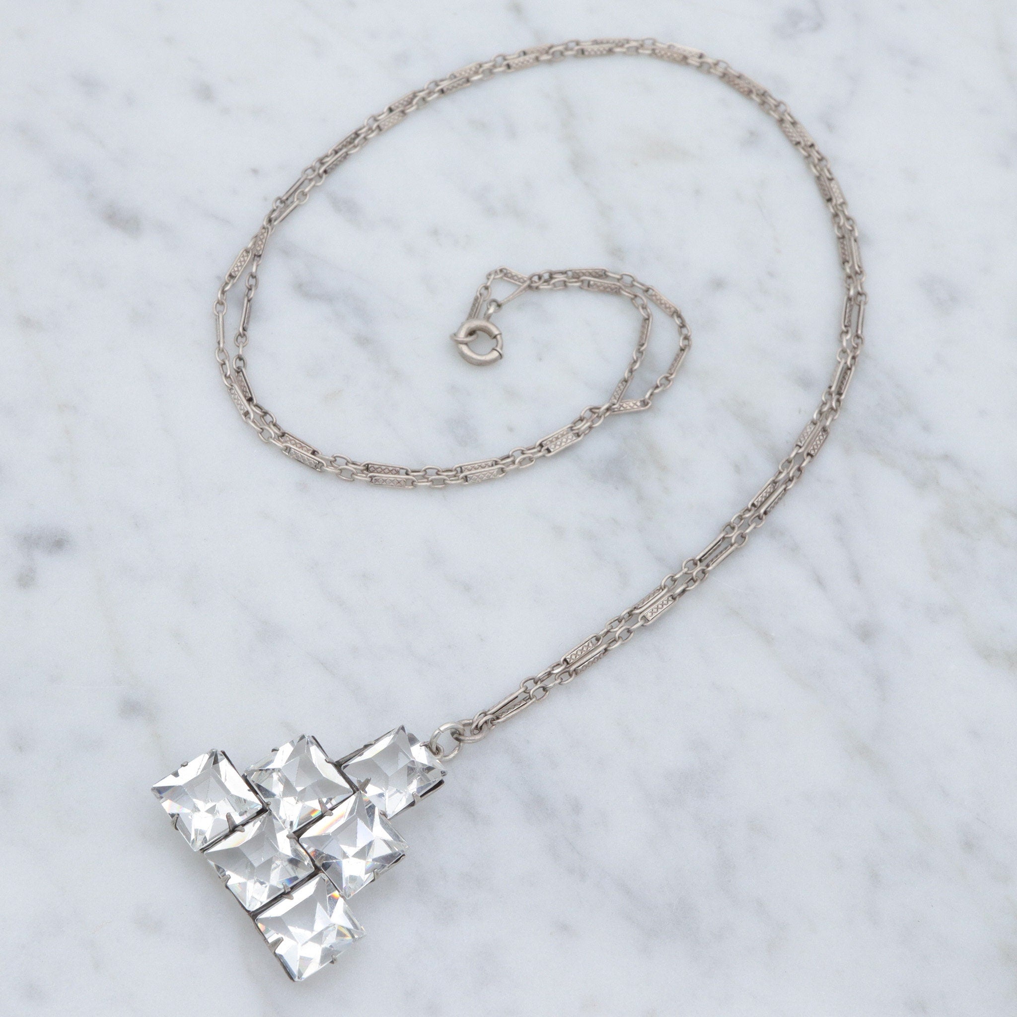 Antique Art Deco sterling open back faceted square crystal pyramid pendant necklace