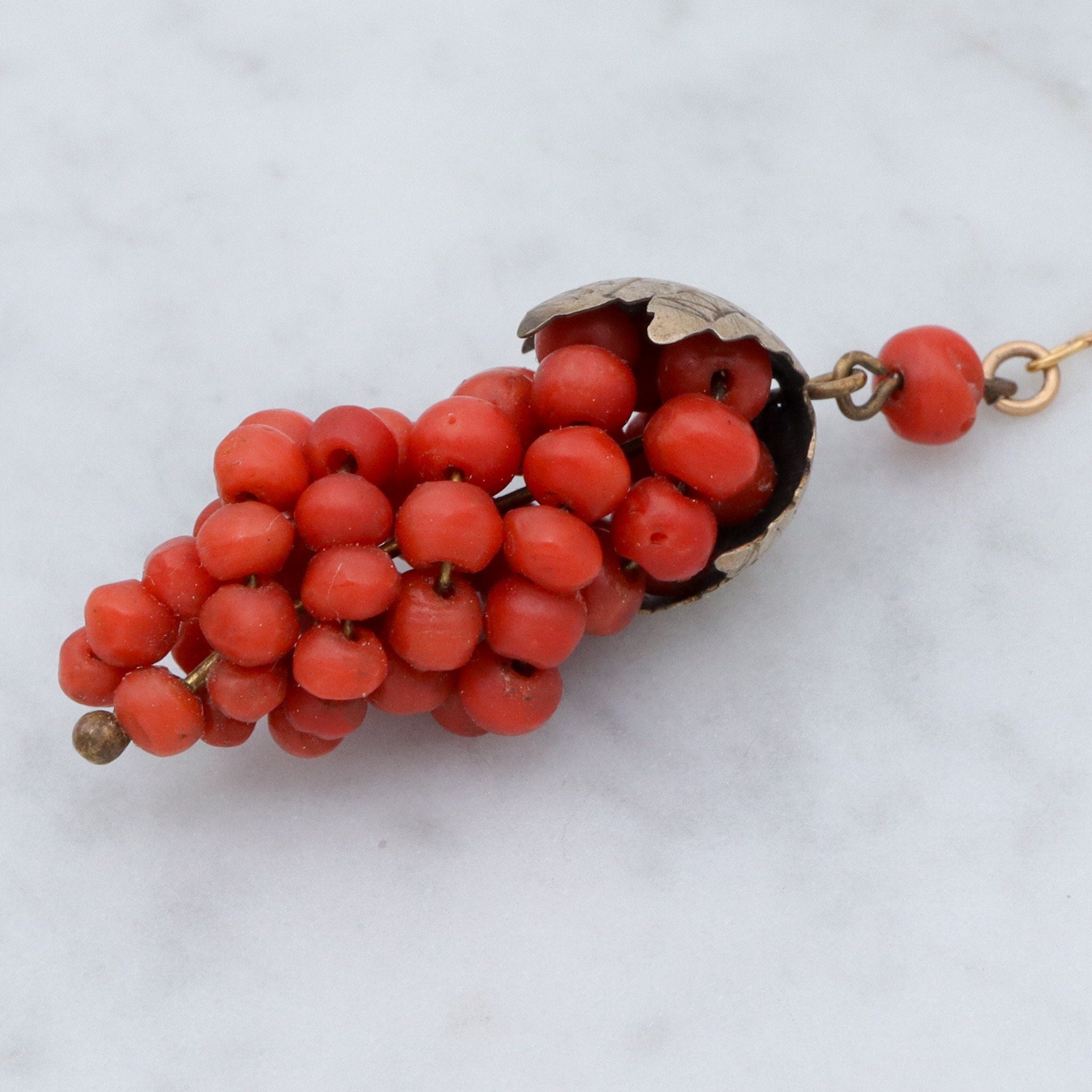 Antique Victorian gilt metal coral bead grape bunch pendant on gold filled crinkle chain