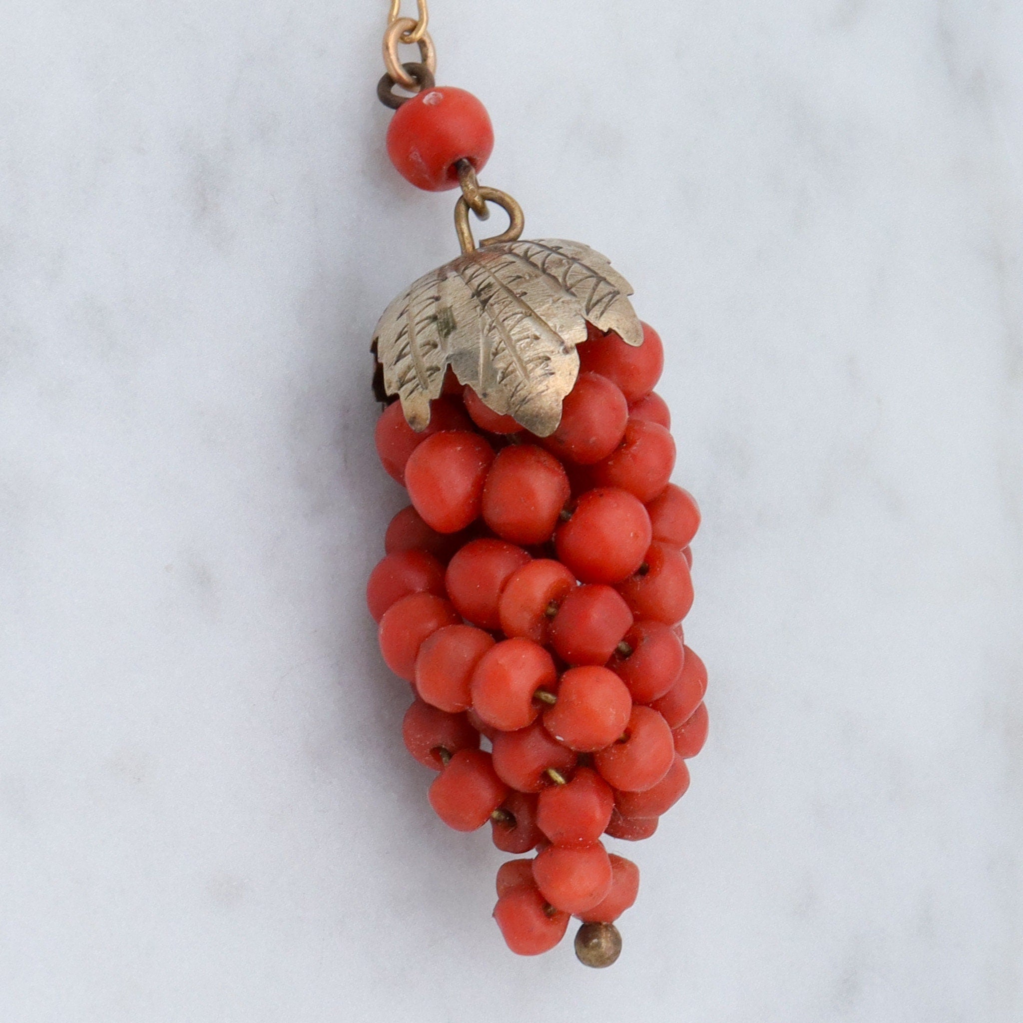 Antique Victorian gilt metal coral bead grape bunch pendant on gold filled crinkle chain