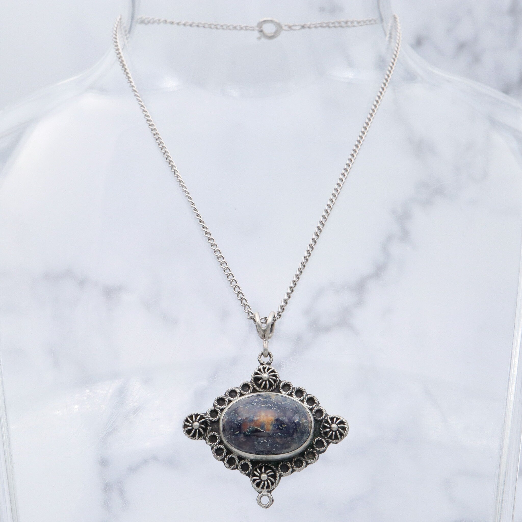 Vintage European sterling cannetille filigree & sodalite pendant
