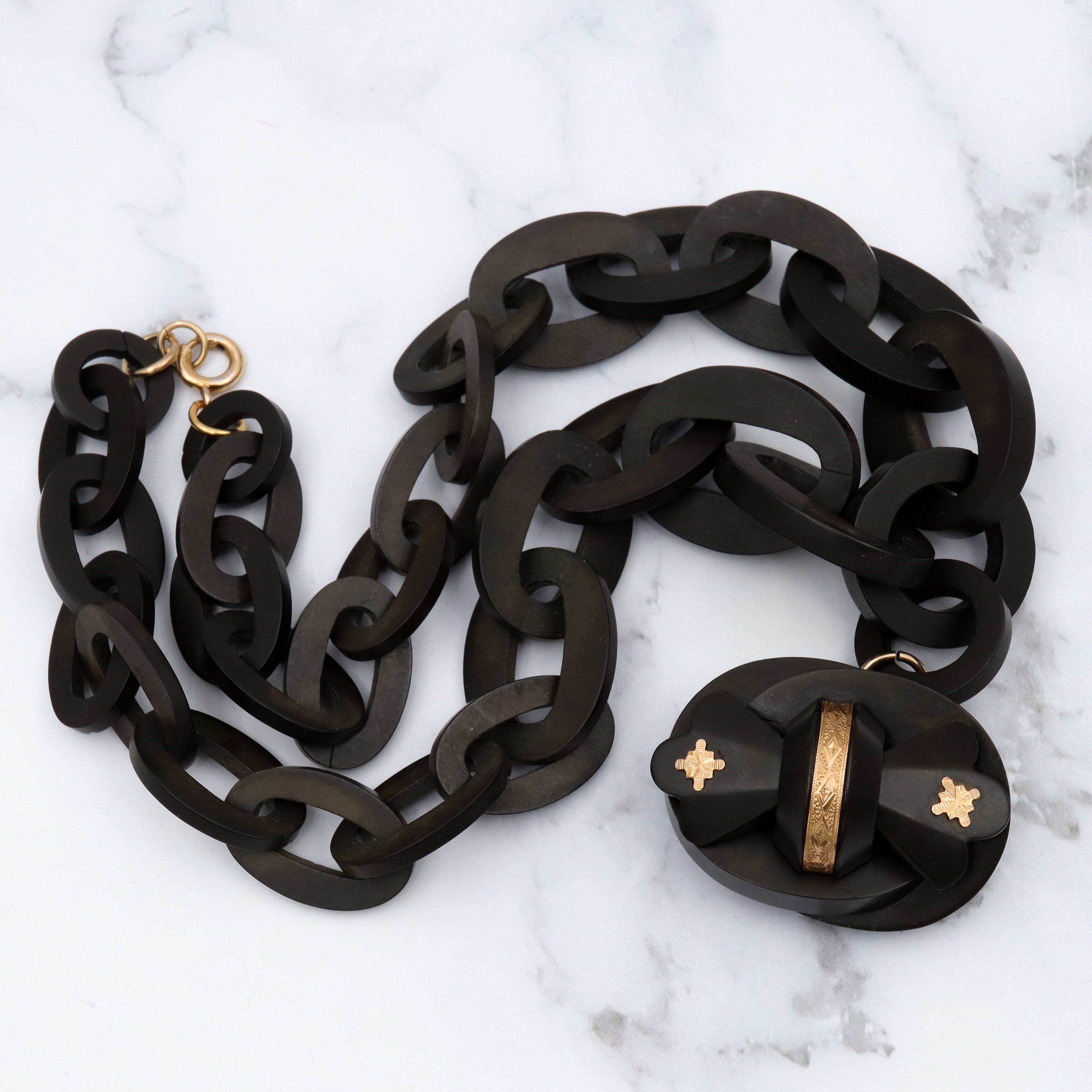 Antique Victorian Vulcanite large link chain with gold overlay