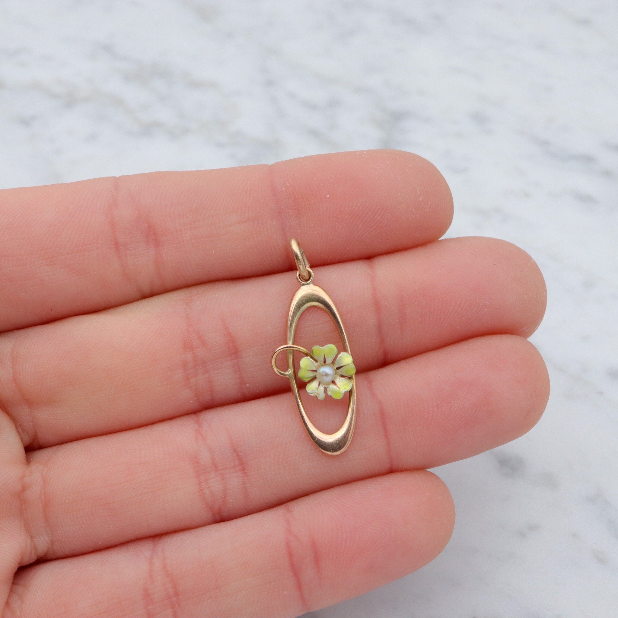Antique Art Nouveau 10k gold enamel & pearl flower drop pendant