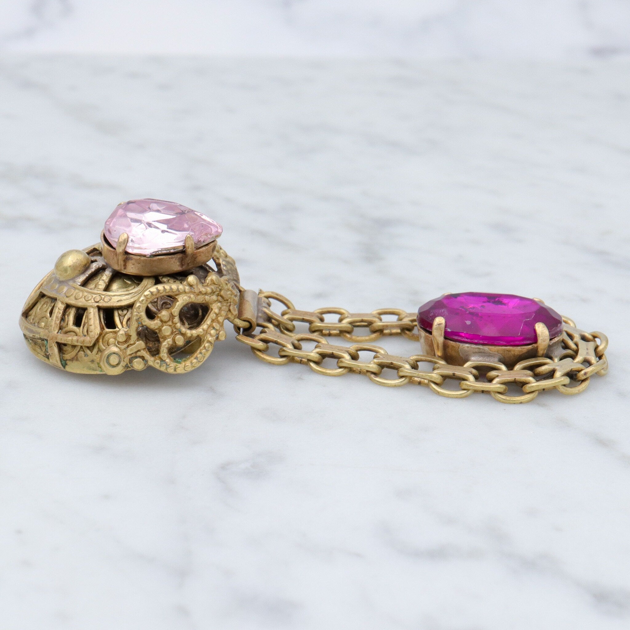Massive Renaissance Revival brass & purple rhinestones drop clip on earrings