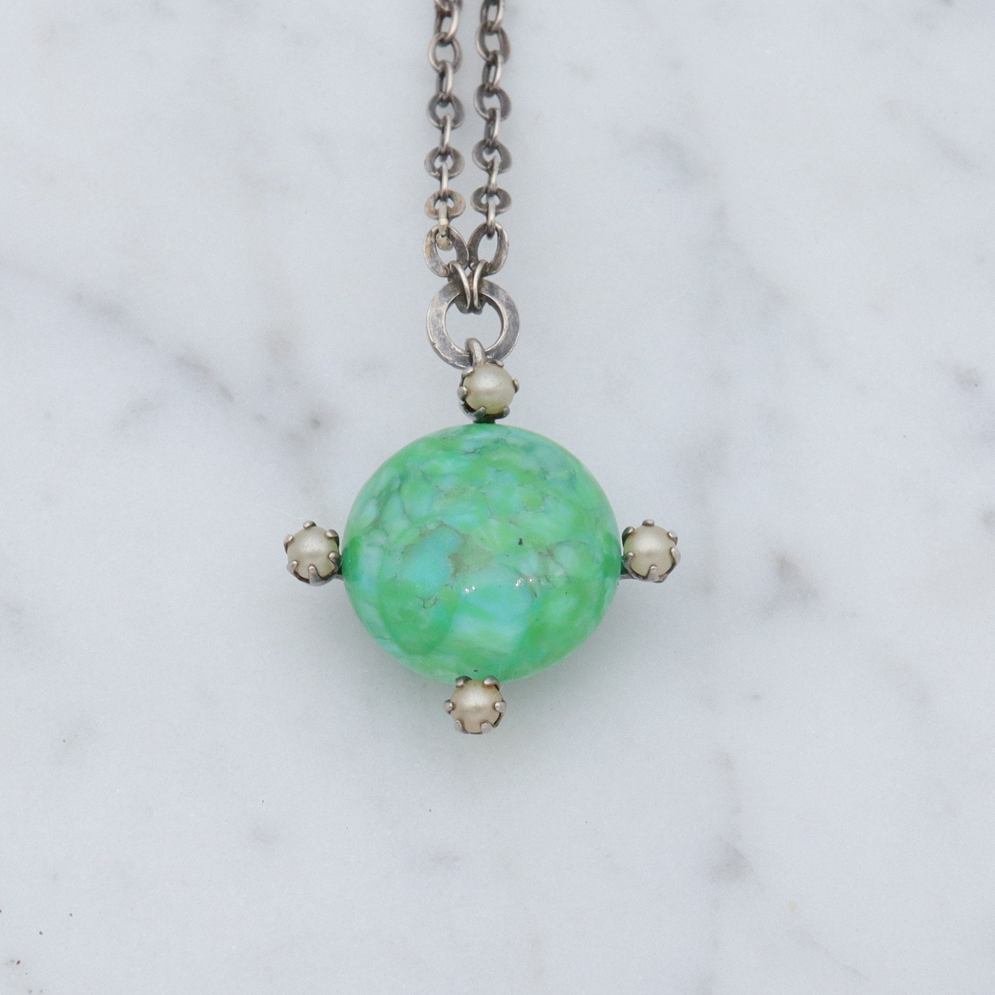 Antique hand blown glass & faux pearl sterling pendant choker necklace