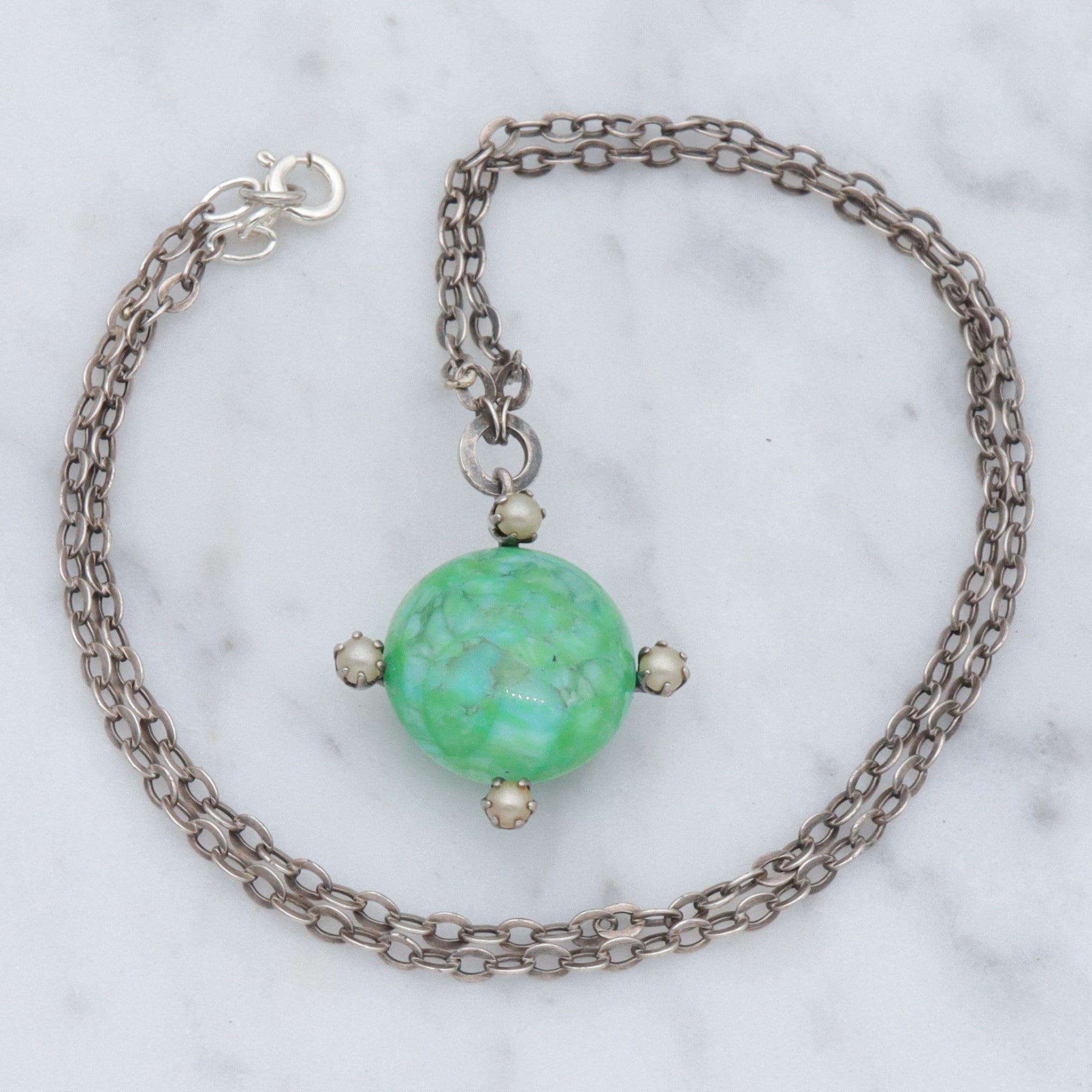 Antique hand blown glass & faux pearl sterling pendant choker necklace