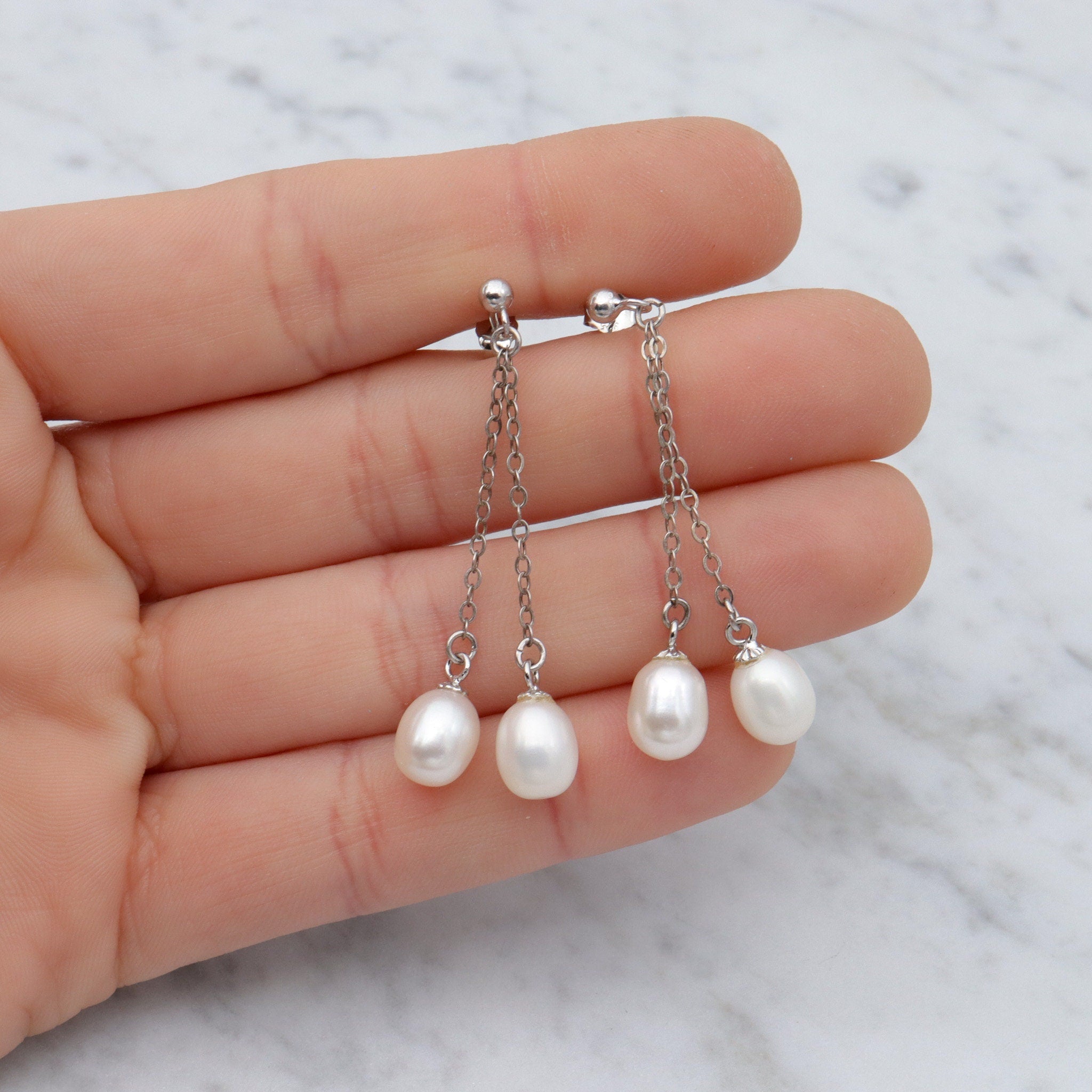 Vintage sterling double chain dangle earrings with white oval cultured pearl drops