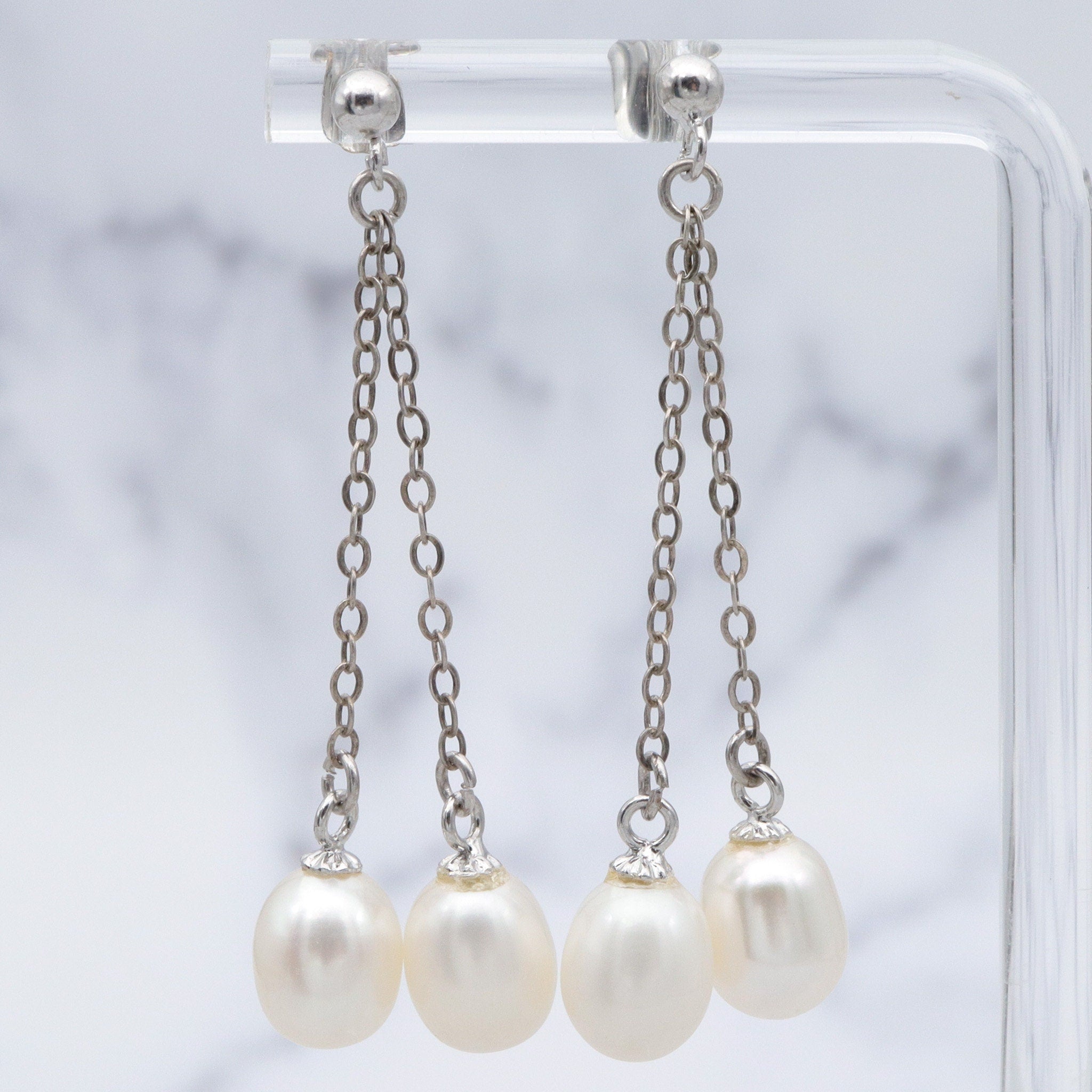 Vintage sterling double chain dangle earrings with white oval cultured pearl drops