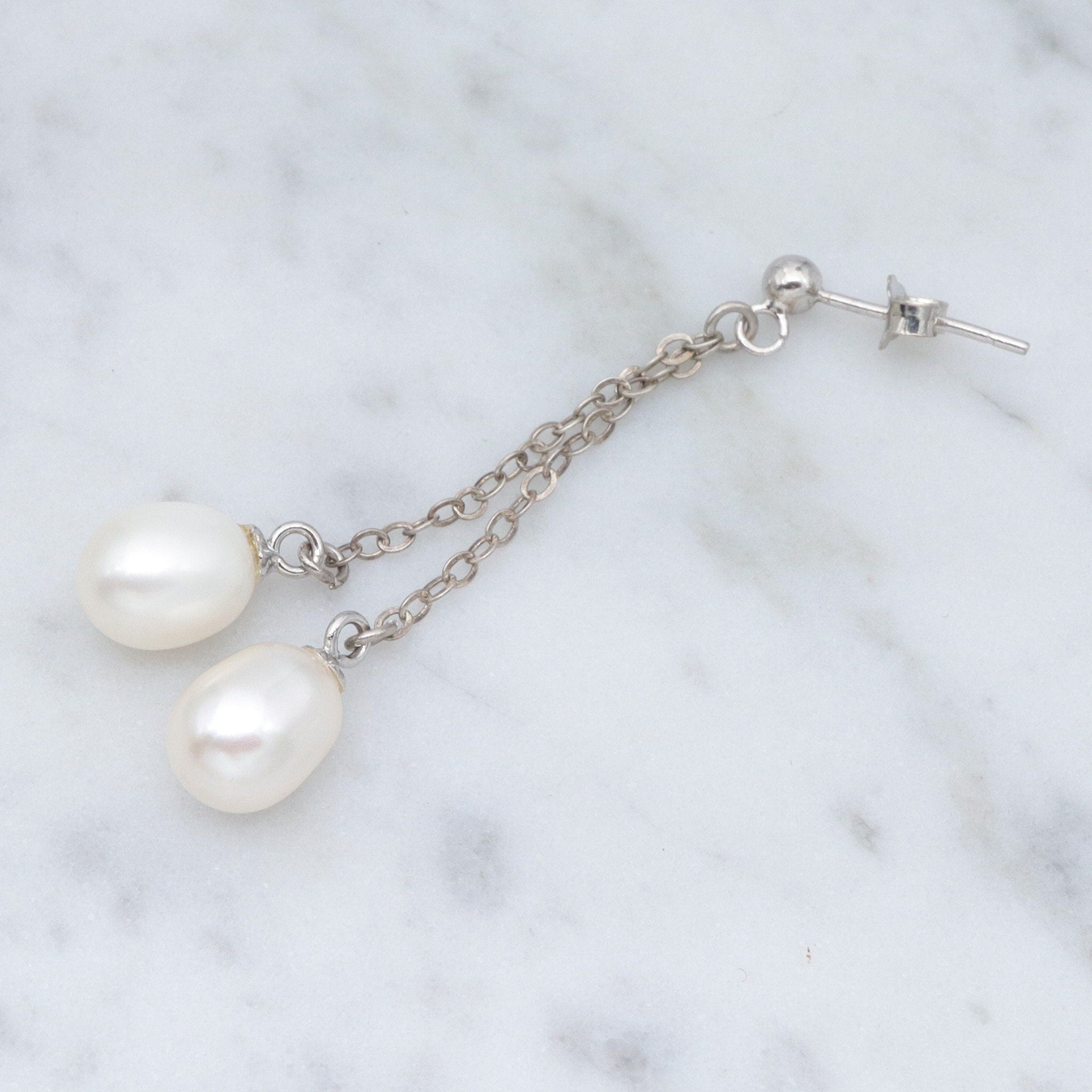 Vintage sterling double chain dangle earrings with white oval cultured pearl drops