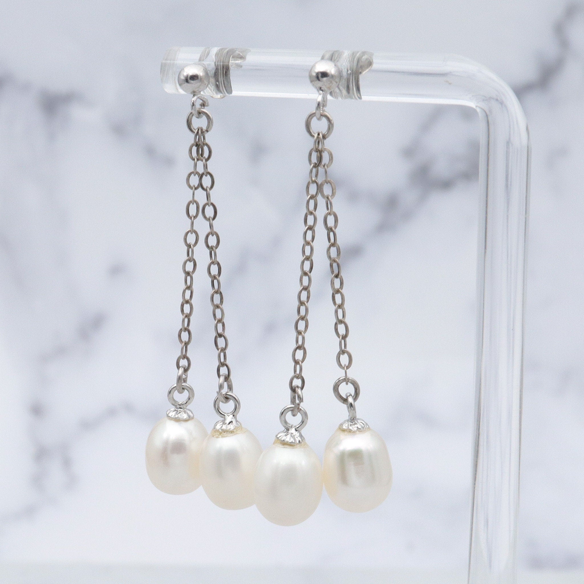 Vintage sterling double chain dangle earrings with white oval cultured pearl drops