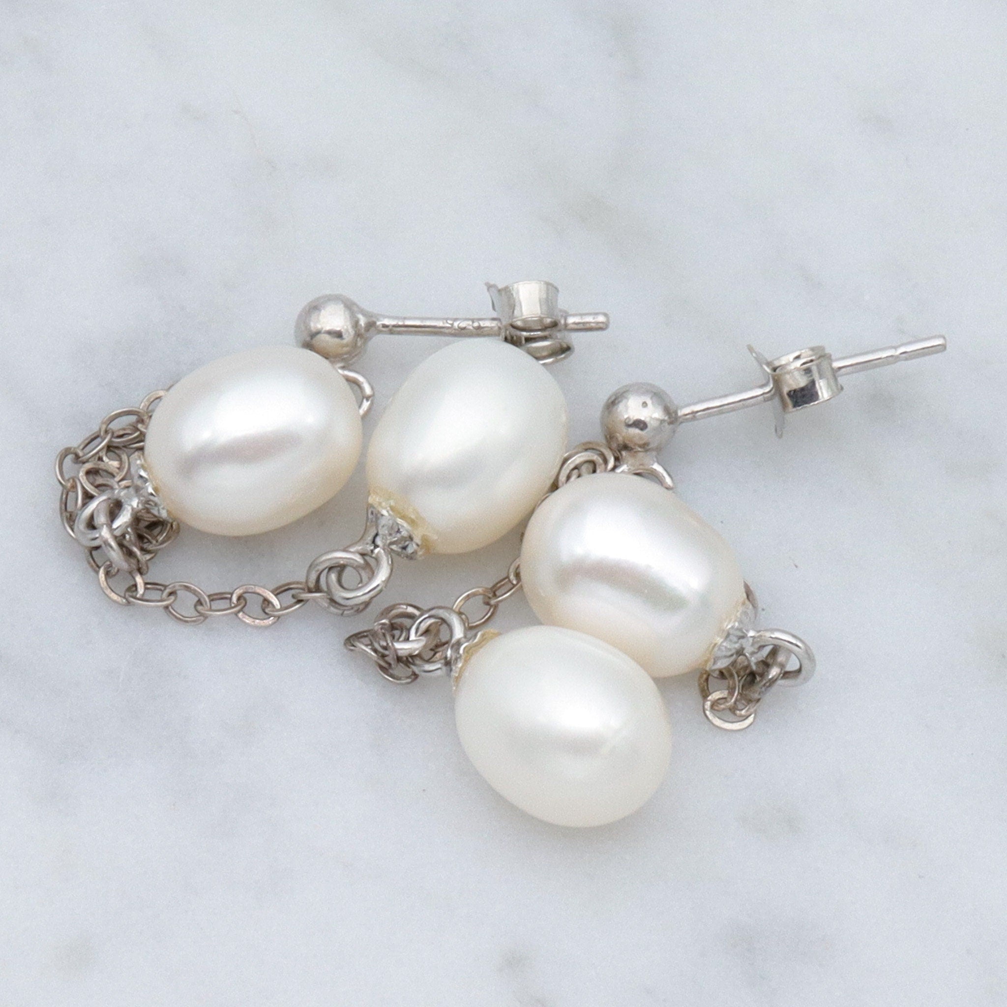 Vintage sterling double chain dangle earrings with white oval cultured pearl drops