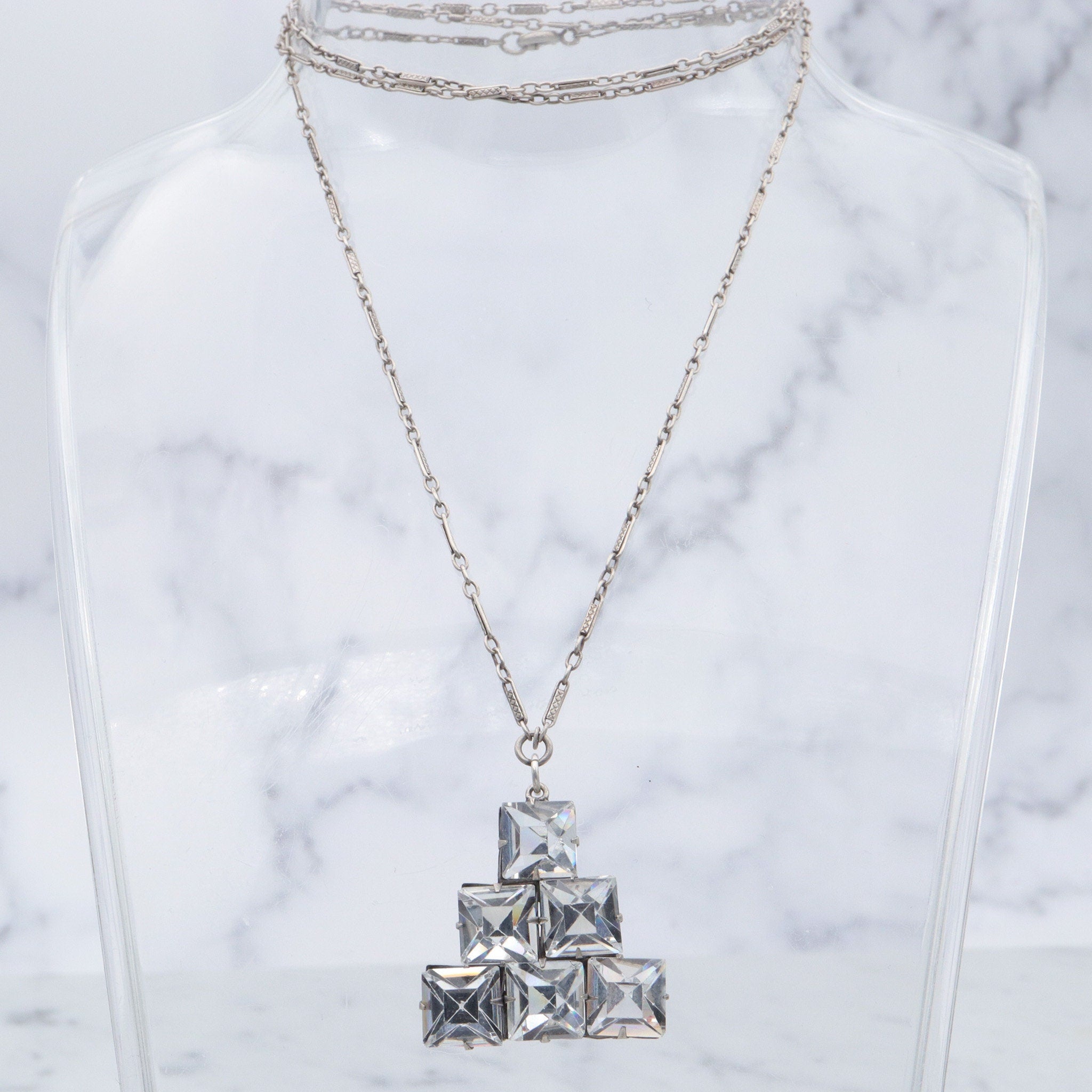 Antique Art Deco sterling open back faceted square crystal pyramid pendant necklace