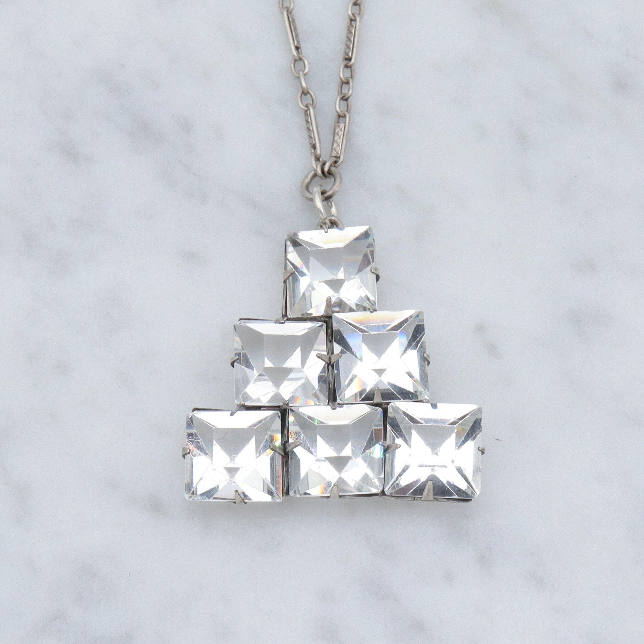 Antique Art Deco sterling open back faceted square crystal pyramid pendant necklace