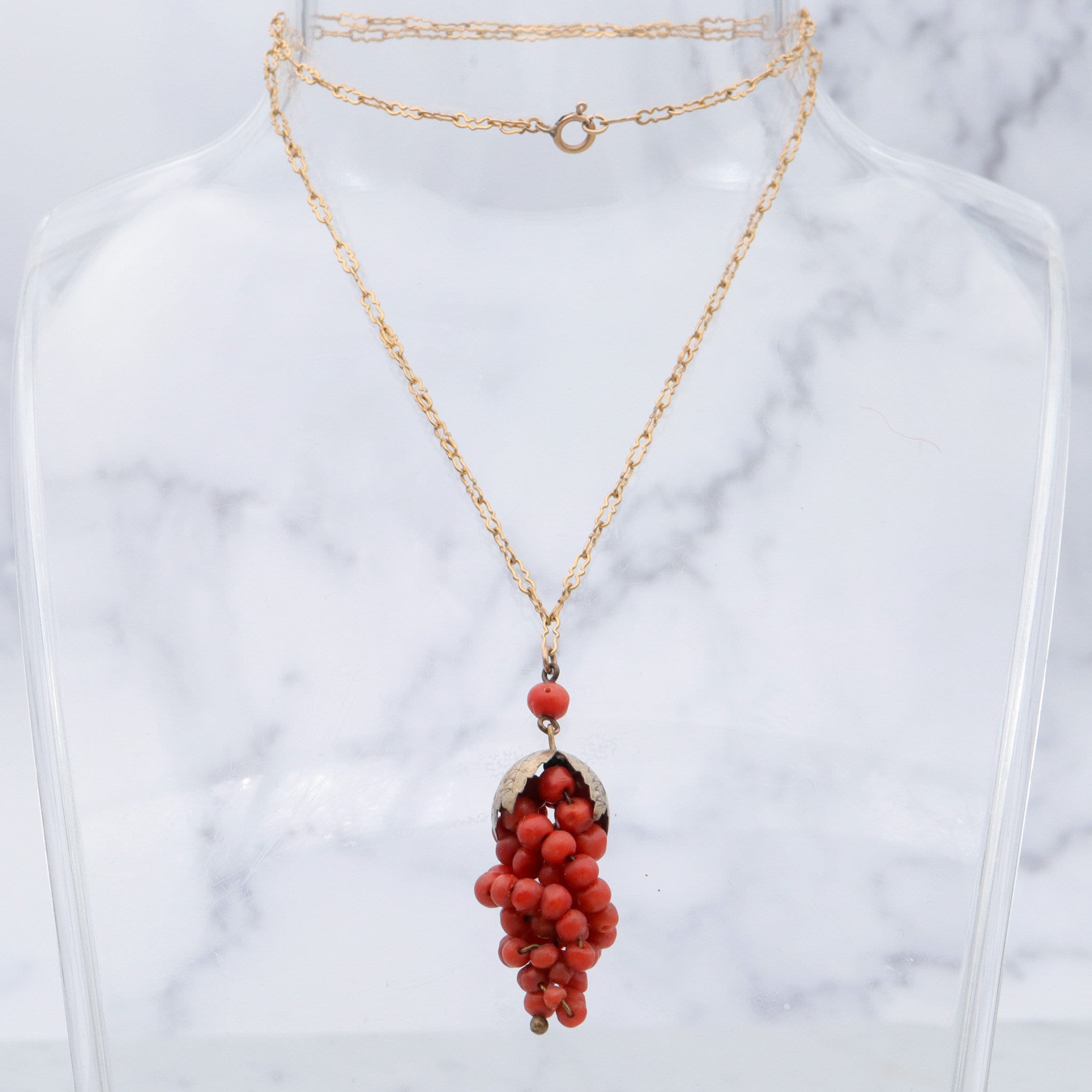 Antique Victorian gilt metal coral bead grape bunch pendant on gold filled crinkle chain