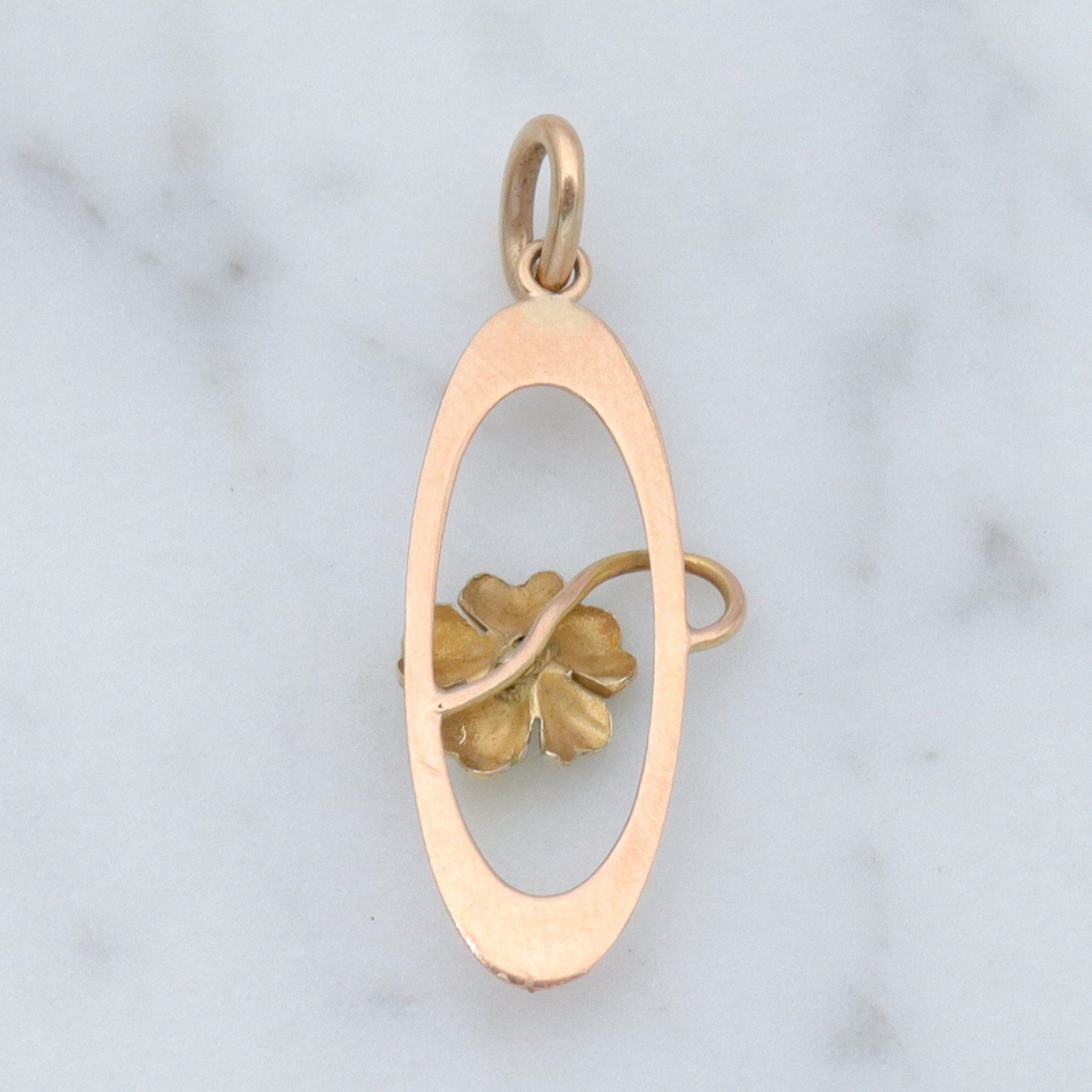 Antique Art Nouveau 10k gold enamel & pearl flower drop pendant