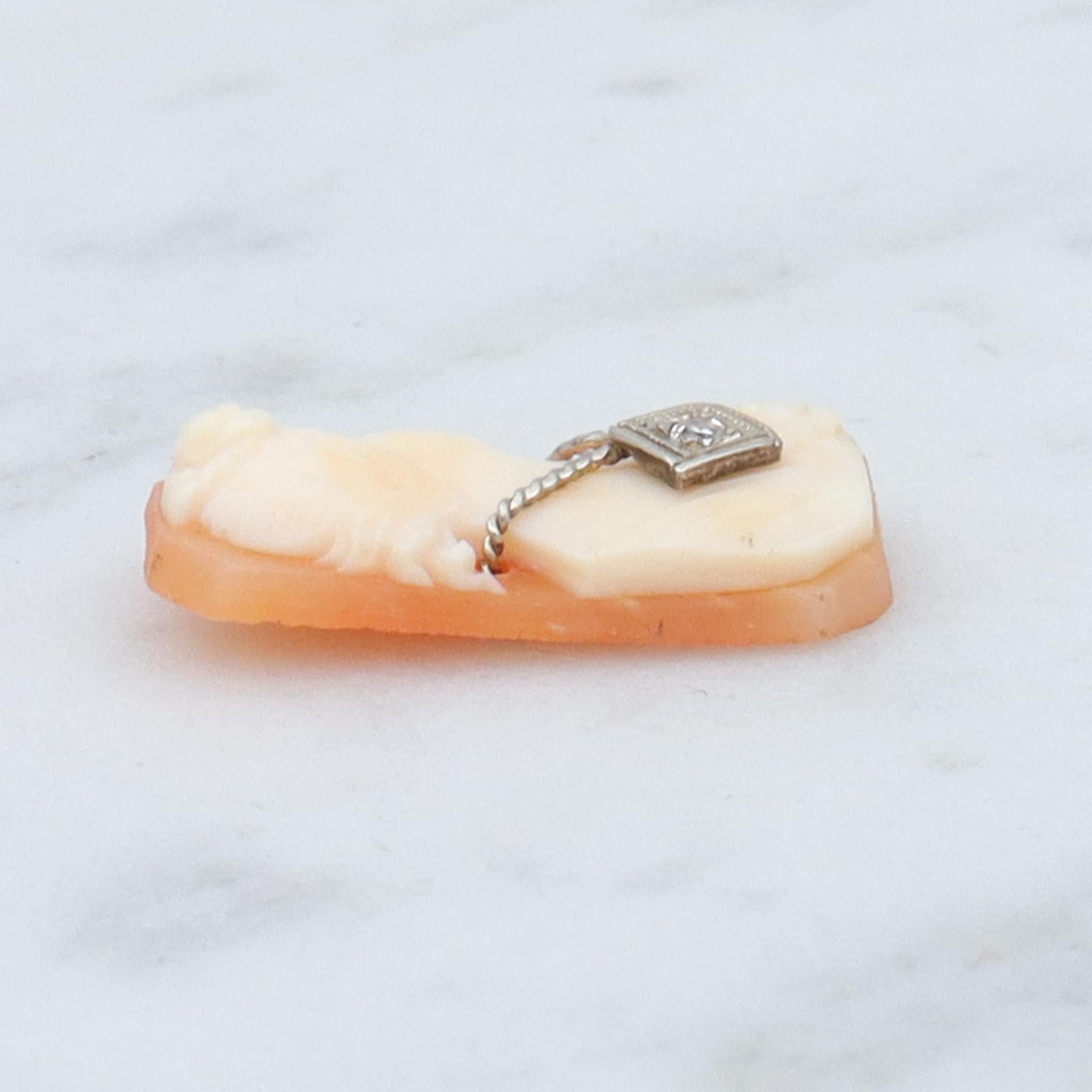 Antique Victorian loose shell cameo with 14k white gold diamond necklace
