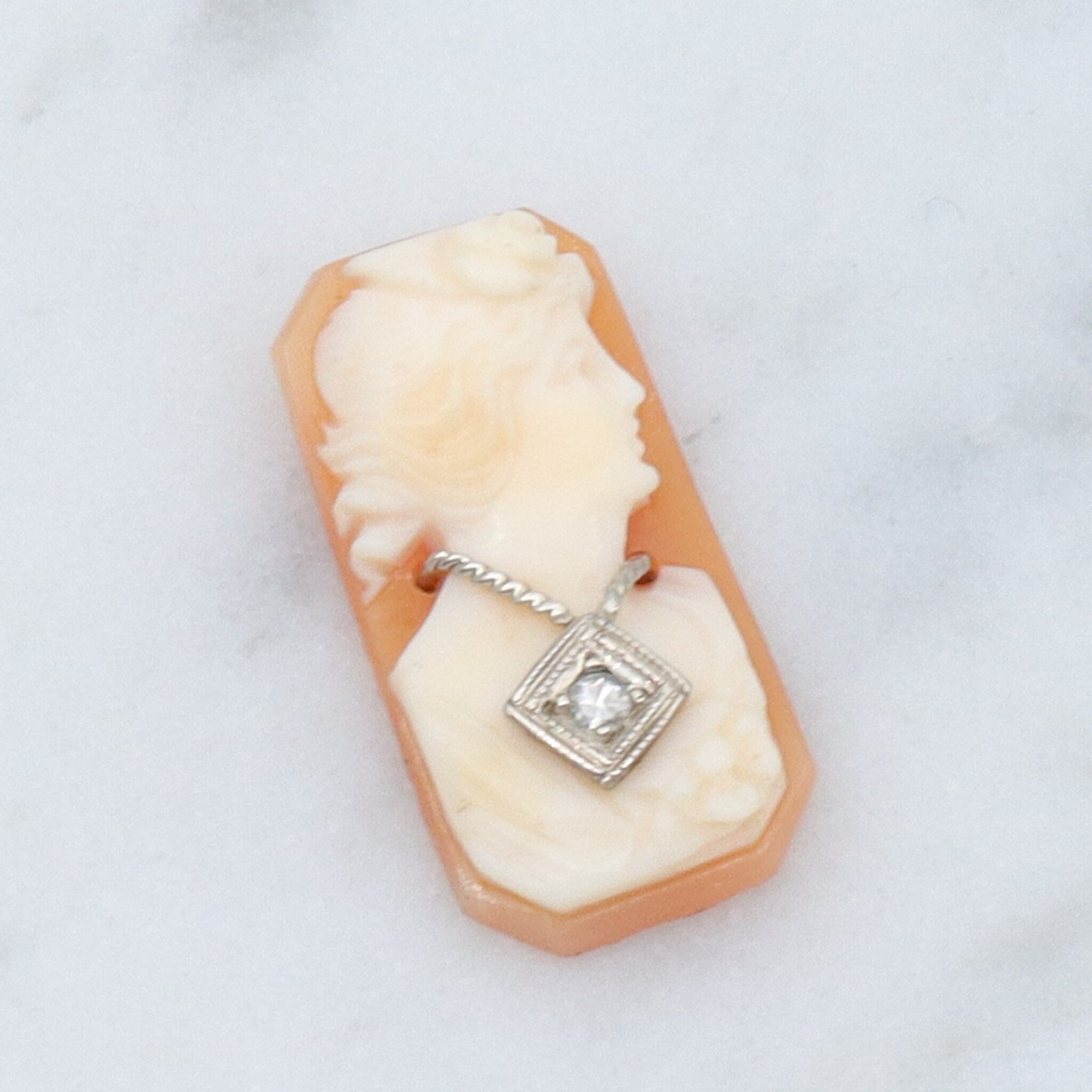 Antique Victorian loose shell cameo with 14k white gold diamond necklace