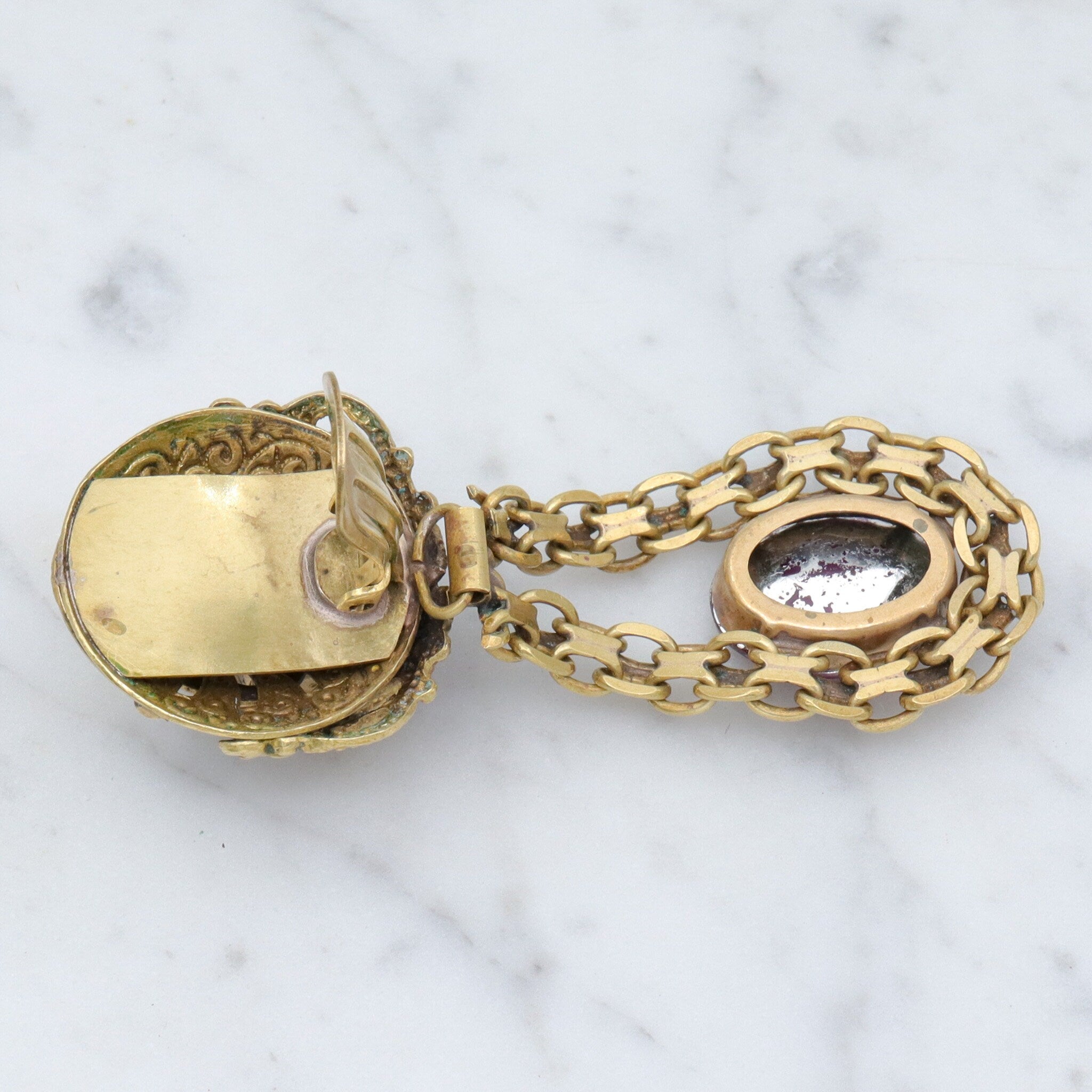 Massive Renaissance Revival brass & purple rhinestones drop clip on earrings