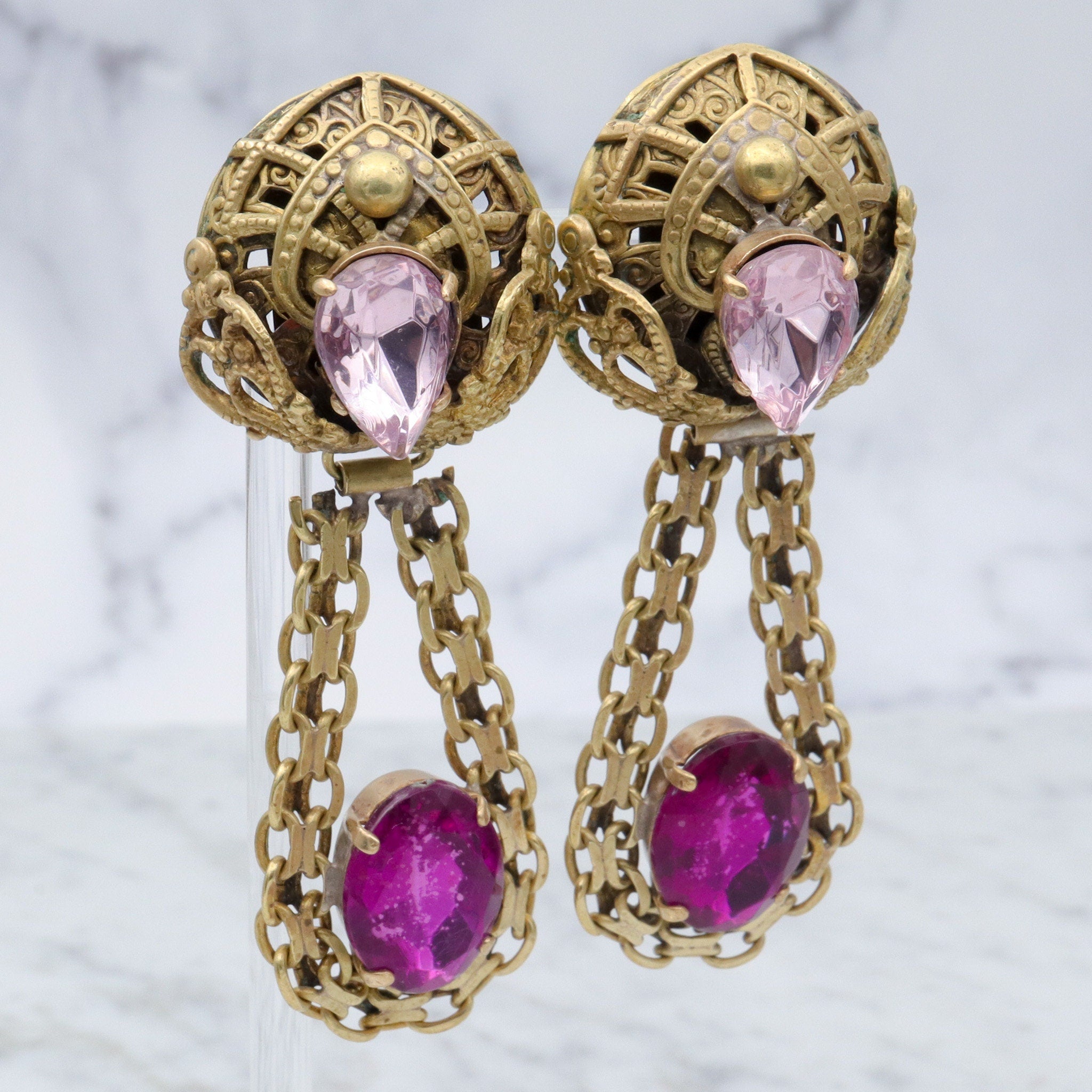 Massive Renaissance Revival brass & purple rhinestones drop clip on earrings