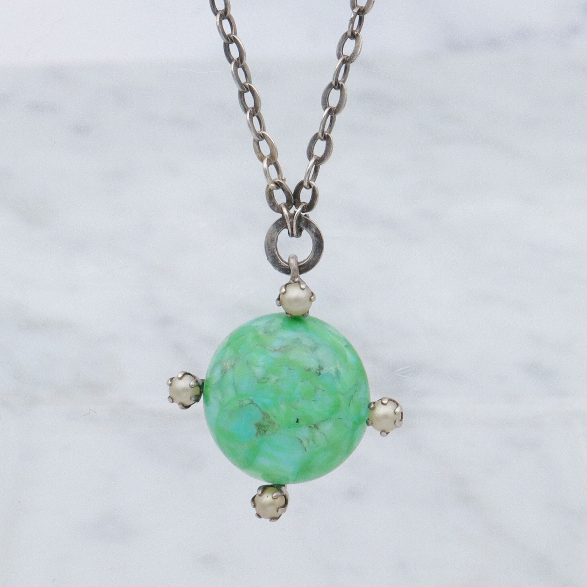 Antique hand blown glass & faux pearl sterling pendant choker necklace